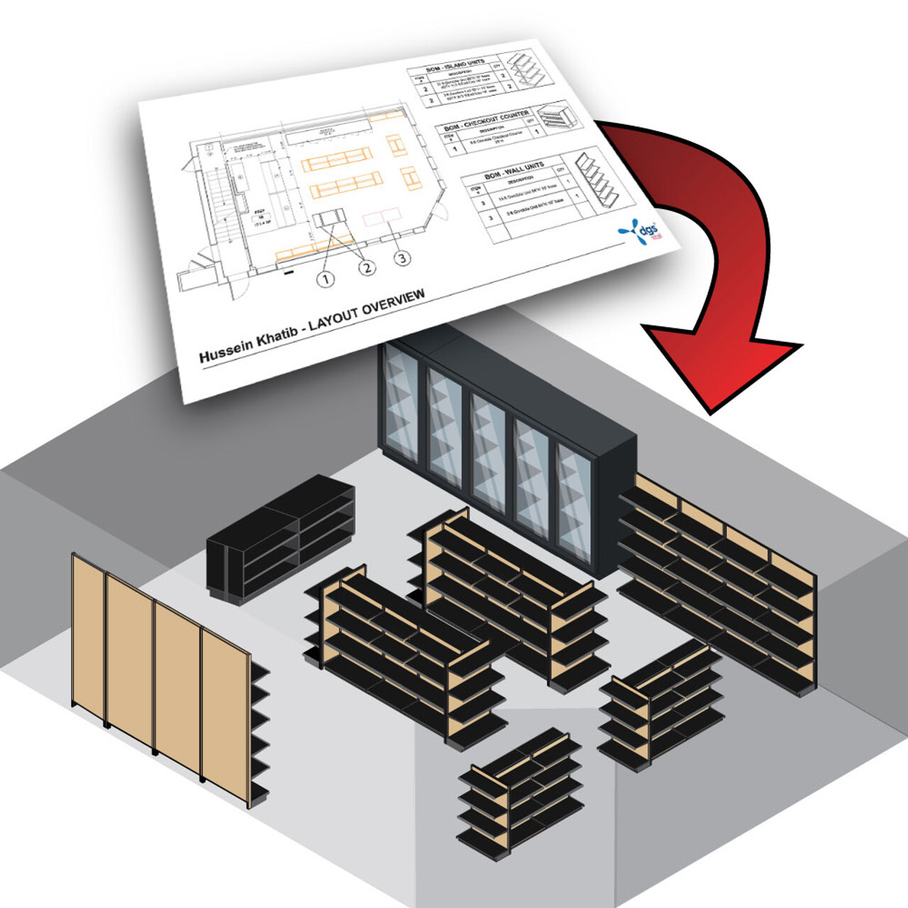 Example of a free store design service, turning a retail floor plan into a customized 3D gondola shelving layout.