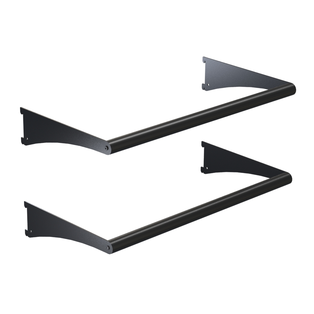2-pack of 24-inch wide Rackform black crossbars with mounting brackets – heavy-duty horizontal bars for retail gondola shelving and hanging merchandise displays