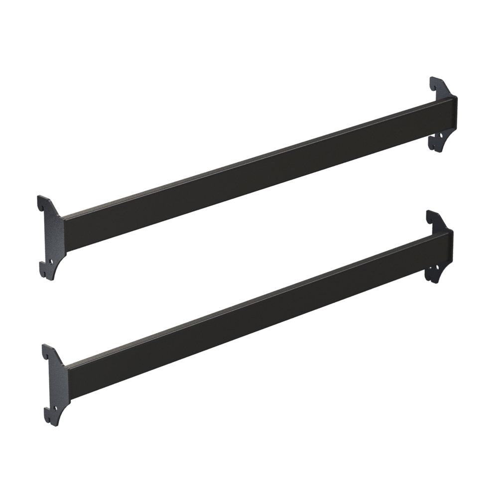 2-Pack Rackform black steel hangbars, 24-inch width, heavy-duty rectangular tubing with gondola shelving bracket ends for secure horizontal support in retail shelving systems.