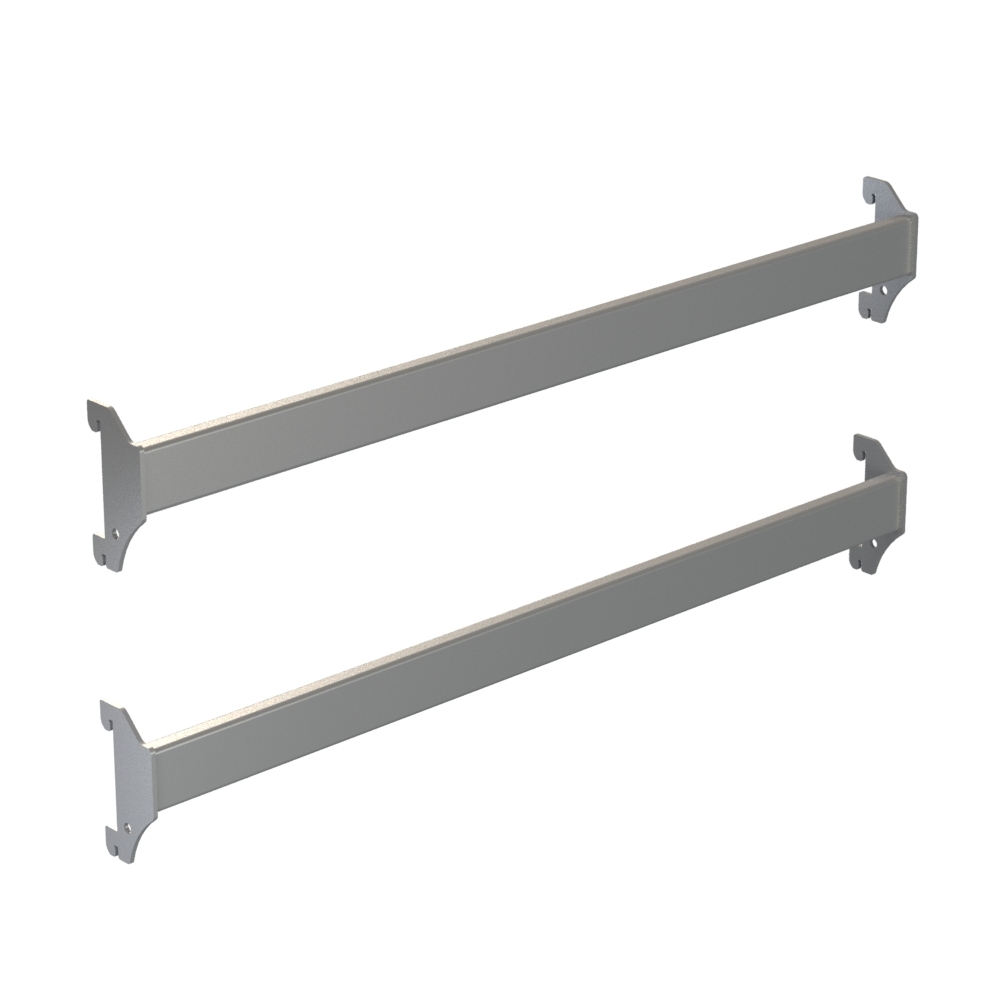 2-Pack Rackform black steel hangbars, 24-inch width, heavy-duty rectangular tubing with gondola shelving bracket ends for secure horizontal support in retail shelving systems.