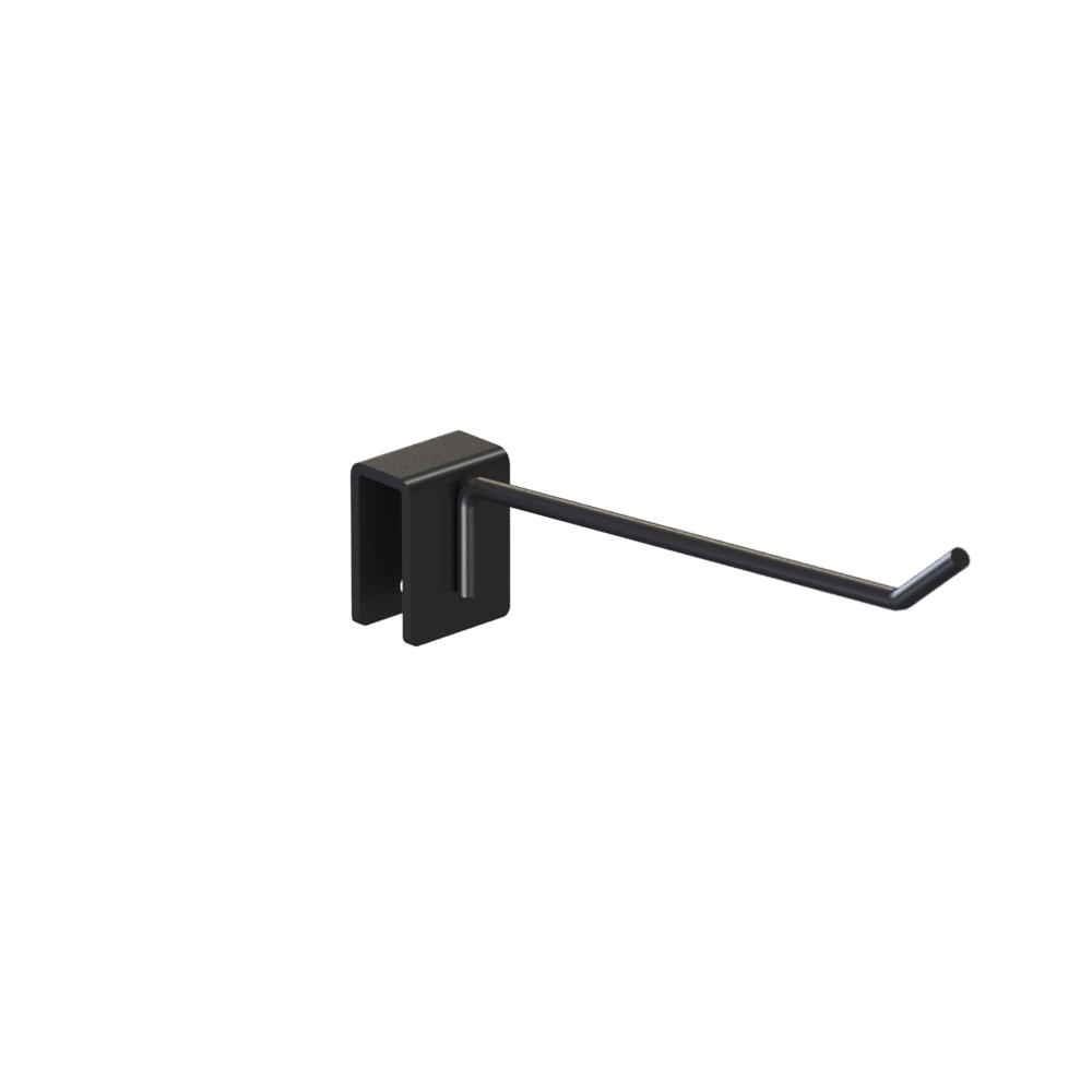Rackform 4-inch peghooks product photo mounted on black hangbar for modular merchandising
