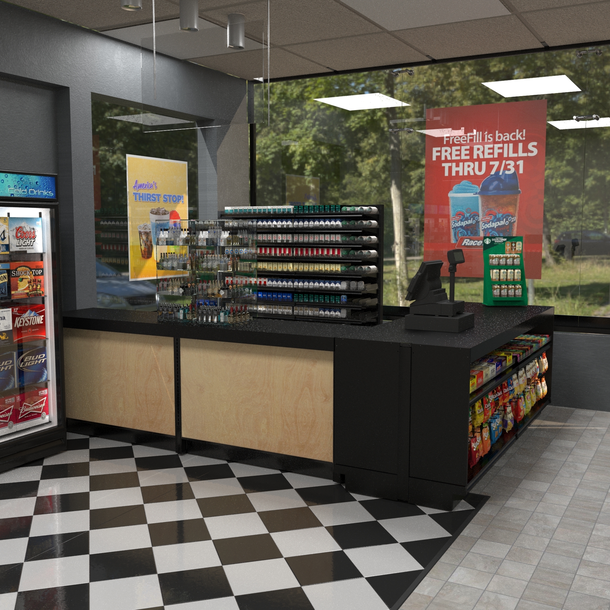 Merchandised L-shaped checkout counter for small-format retail.