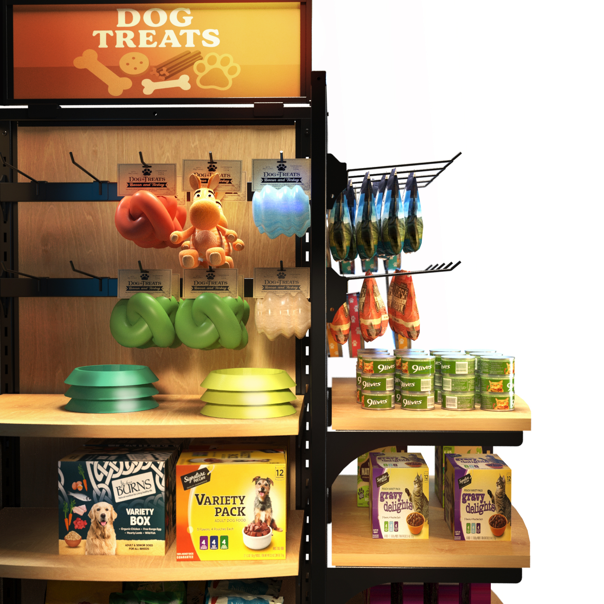 Wood Rolling Gondola retail display stocked with pet accessories and dog treats. The fixture features wood shelving, hangbars, and peghooks holding toys, chew bones, bowls, canned food, and treat boxes under a bright ‘Dog Treats’ sign. Ideal for showcasing pet products in convenience stores, supermarkets, or specialty retail environments.