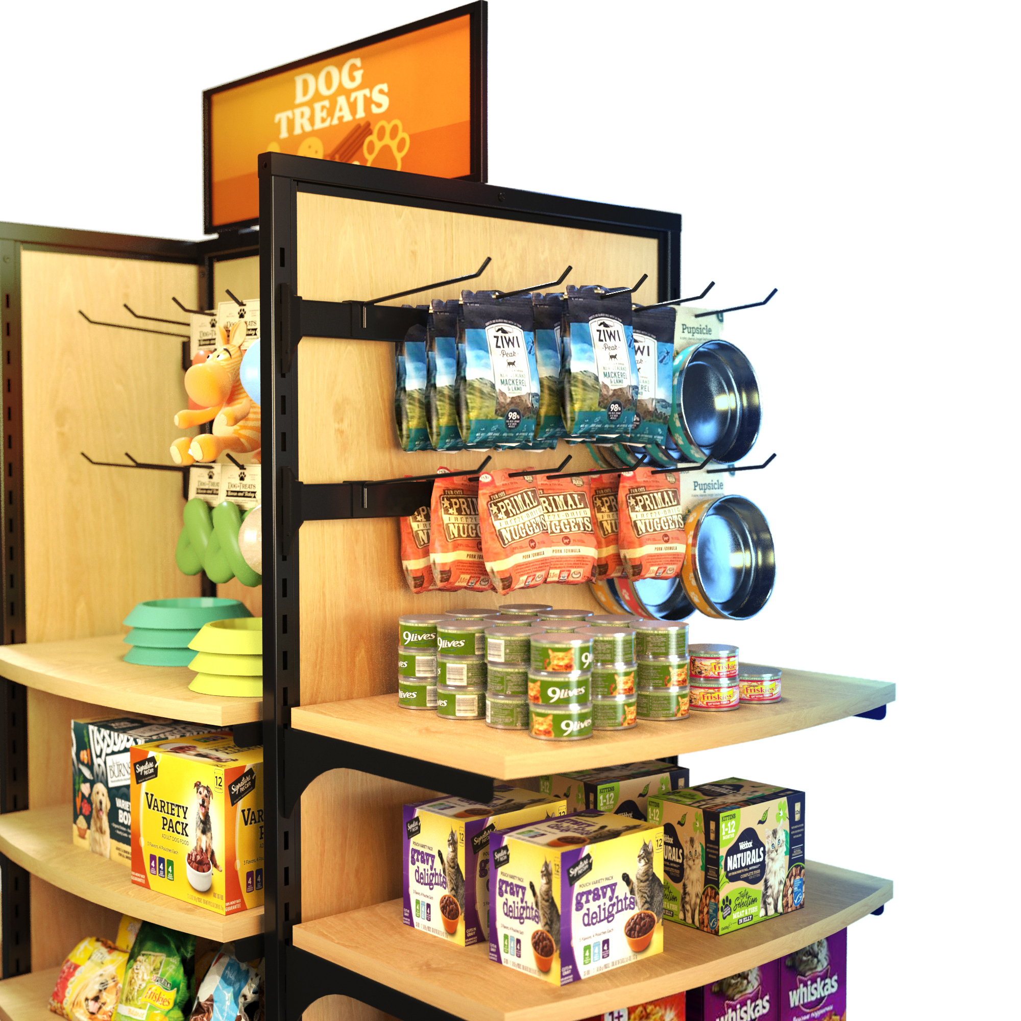 Showcasing the Wood Rolling Gondola stocked with dog treats, toys, and bowls. Features peg hooks and shelves for versatile pet product merchandising.