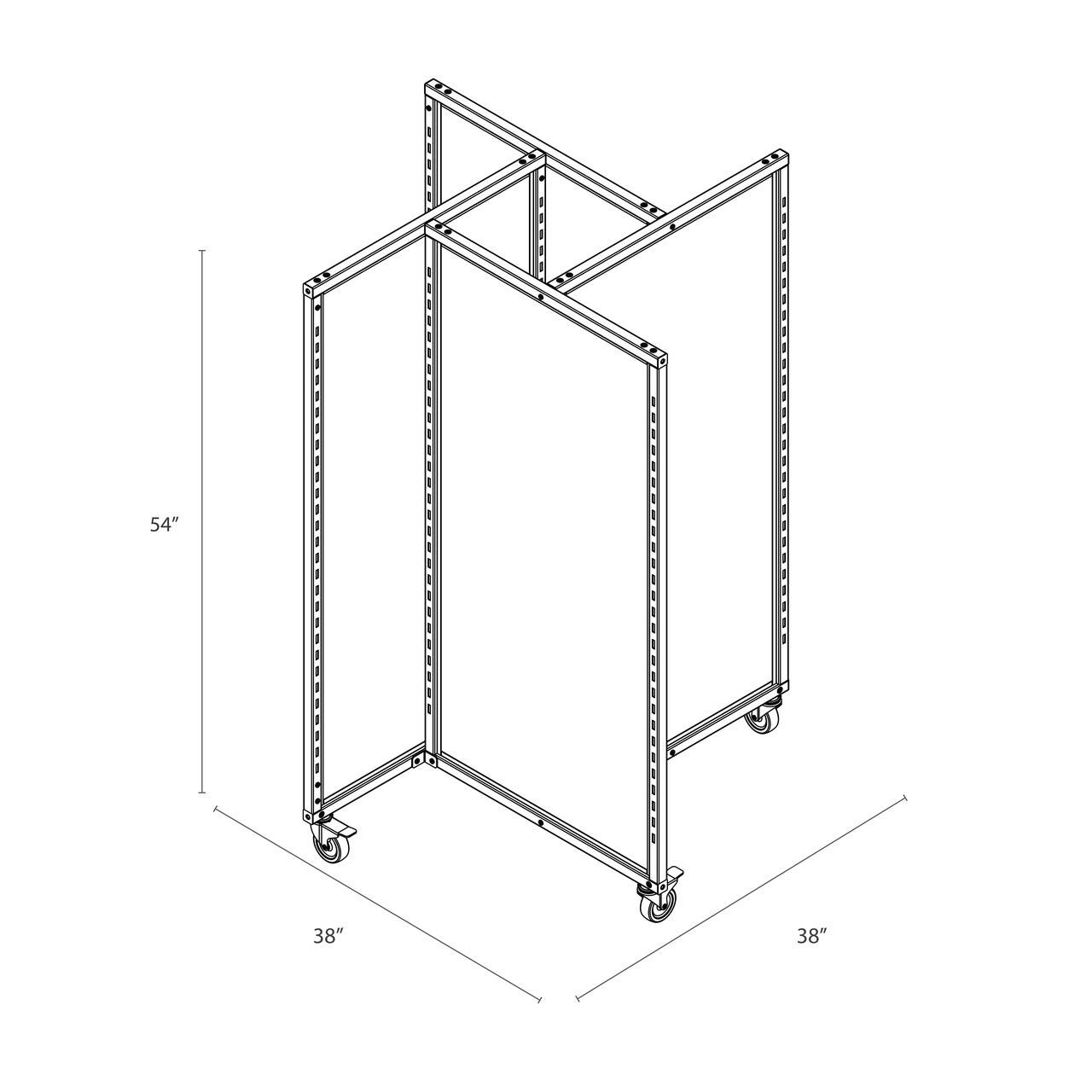 Isometric diagram of a 4-arm freestanding Rackform apparel display rack with casters
