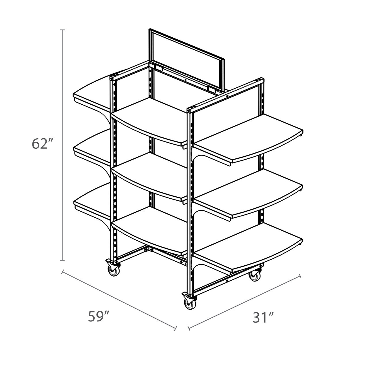 Silver Rackform Apparel Display with 12 shelves, double-sided layout on casters, measuring 59 inches wide, 31 inches deep, and 62 inches high — versatile retail fixture for folded apparel and merchandise presentation.