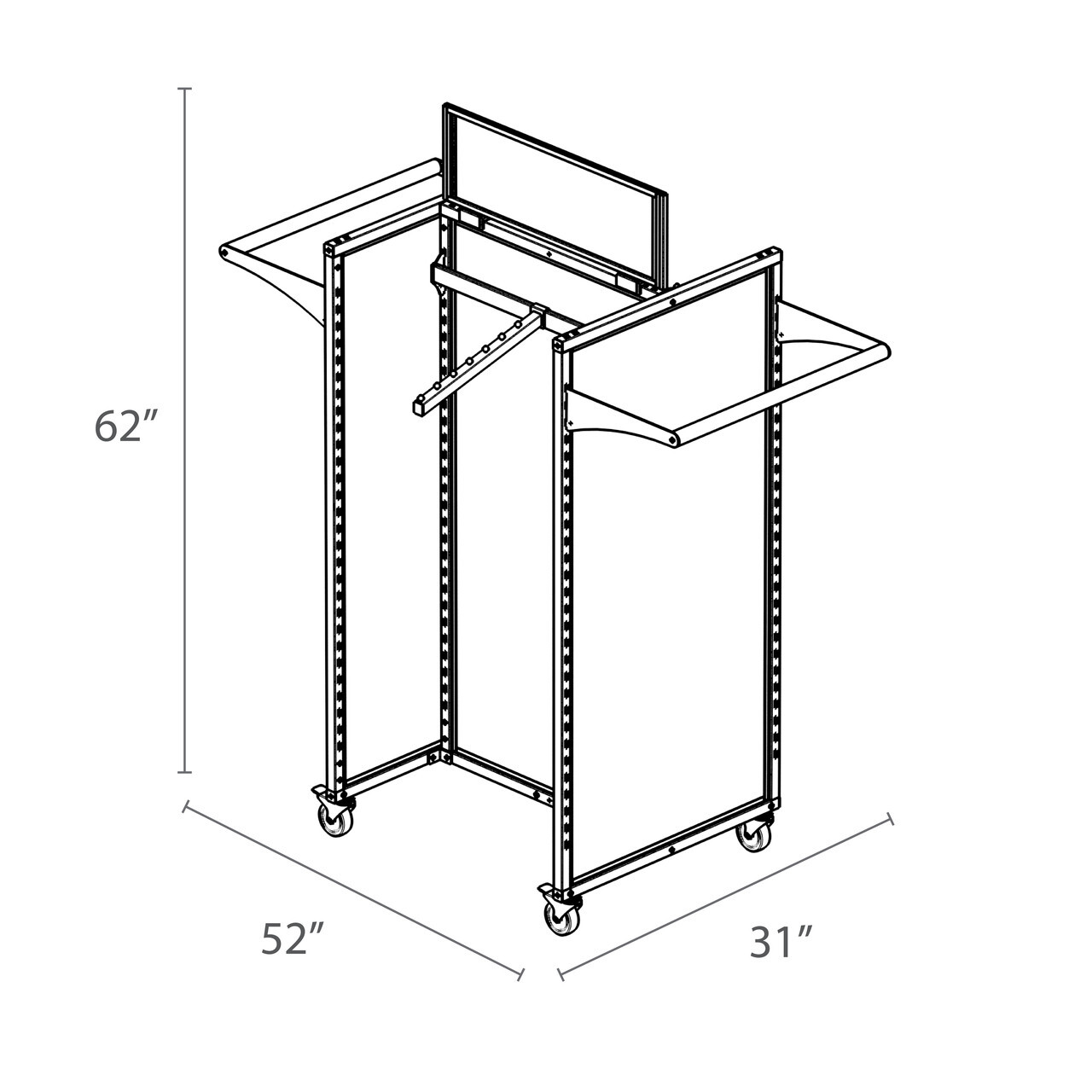 Line drawing of the Silver Rackform Apparel Display with four crossbars and hangbars, measuring 52 inches wide, 62 inches tall, and 31 inches deep, featuring a double-sided frame on casters for mobile retail use.