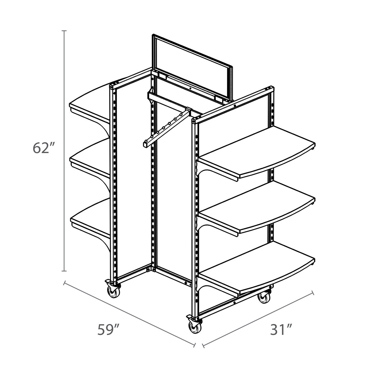 Black Rackform Apparel Display with 8 shelves and hangbars, shown in technical line art with dimensions 59 inches wide, 62 inches high, and 31 inches deep.