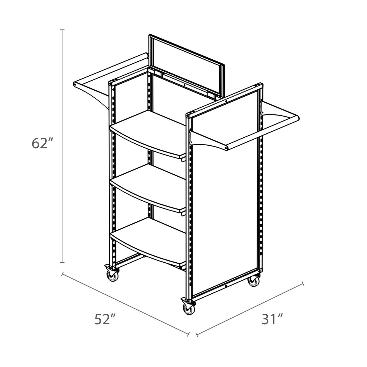 Line drawing of a Rackform Retail Display Fixture with four center-mounted curved shelves and dual side crossbars, measuring 52 inches wide, 62 inches tall, and 31 inches deep. Mobile unit shown with caster wheels and top-mounted signage frame, ideal for folded apparel or accessory merchandising.