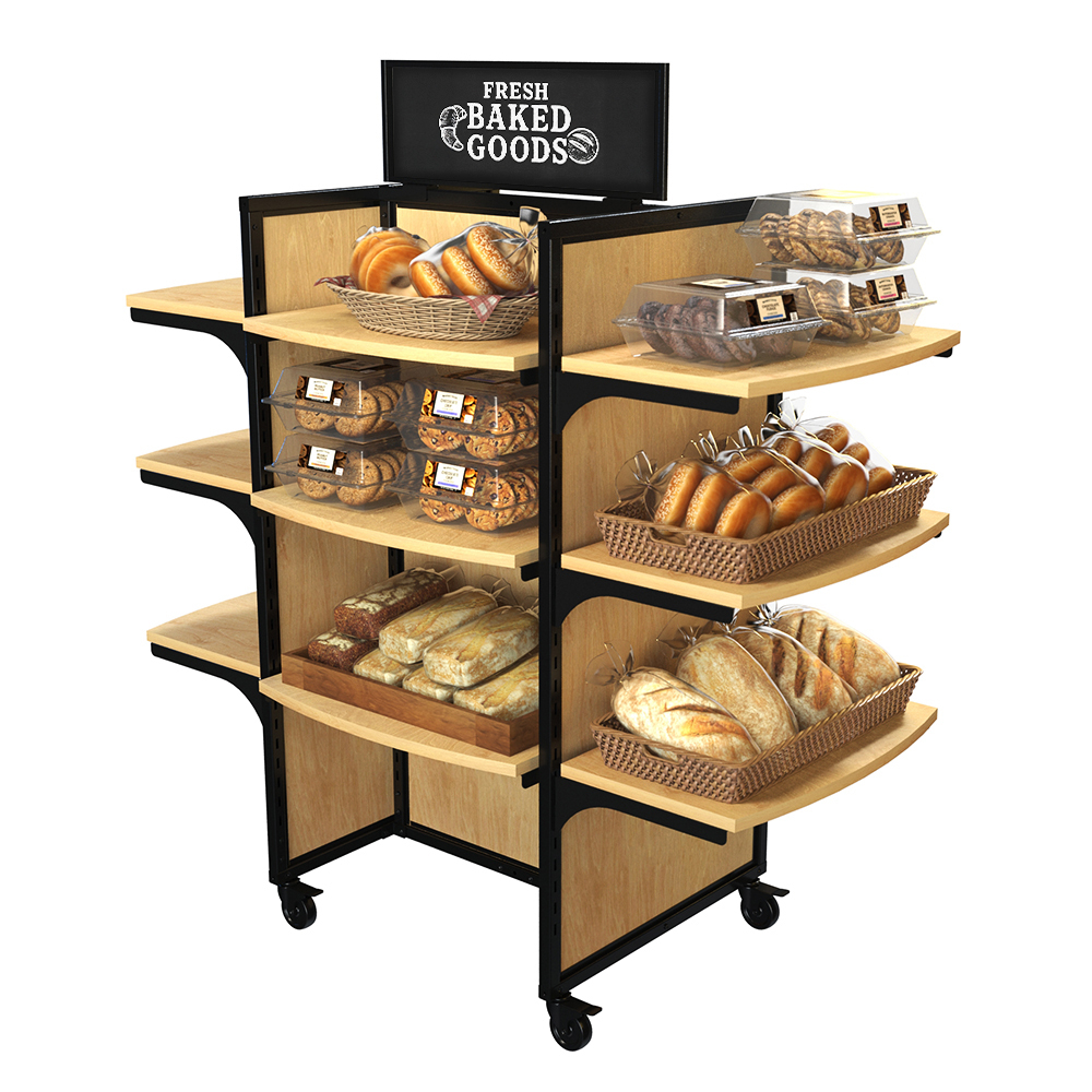 Premium black and wood bakery display rack stocked with artisan breads, bagels, cookies, and pastries.