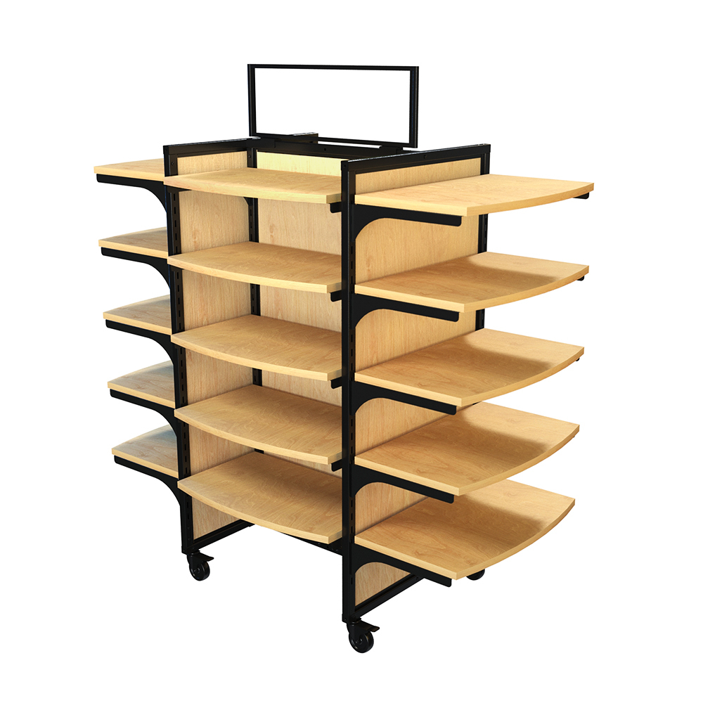 Premium Black & Wood Cigarette Display with 20 shelves shown empty. The retail display fixture features a sturdy black metal frame, natural wood adjustable shelves, smooth caster wheels for mobility, and a top header frame for signage. Ideal for merchandising cigarettes, prerolls, and small tobacco products in convenience stores, smoke shops, and dispensaries.