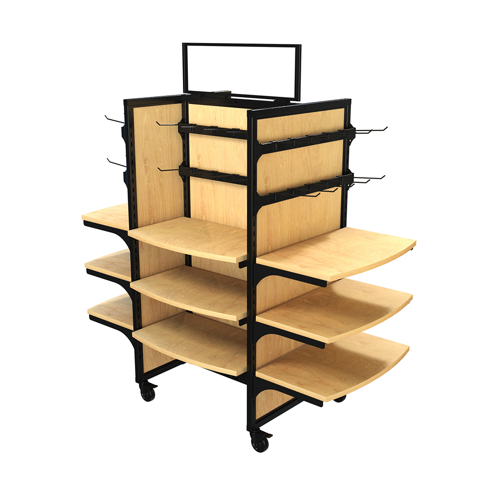 Premium Black & Wood Retail Display with sleek black steel frame and natural wood shelving, designed for convenience store snack and general merchandise categories.