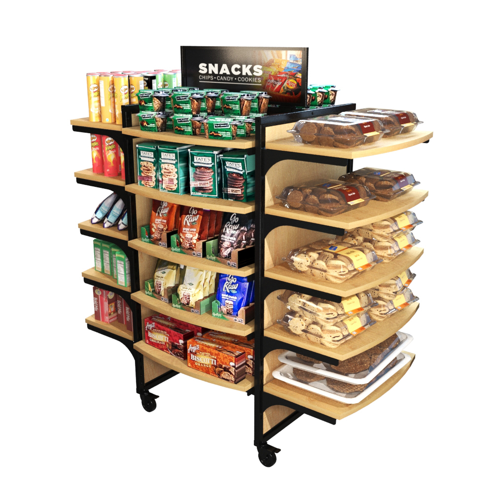 Wooden Mobile Display fully stocked with snacks, cookies, chips, and packaged goods. Featuring 20 wood shelves, this versatile rolling display fixture maximizes product visibility and organization, providing a high-capacity merchandising solution for convenience retail.