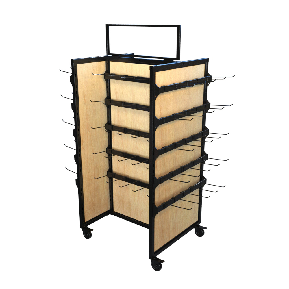Mobile Gondola Merchandising Display with 20 hangbars and 100 peghooks, designed with a black steel frame and wood panels. Measuring 48 inches wide by 62 inches tall, this durable rolling fixture is ideal for hanging snack bags, candy, and small packaged goods in retail and convenience store settings.