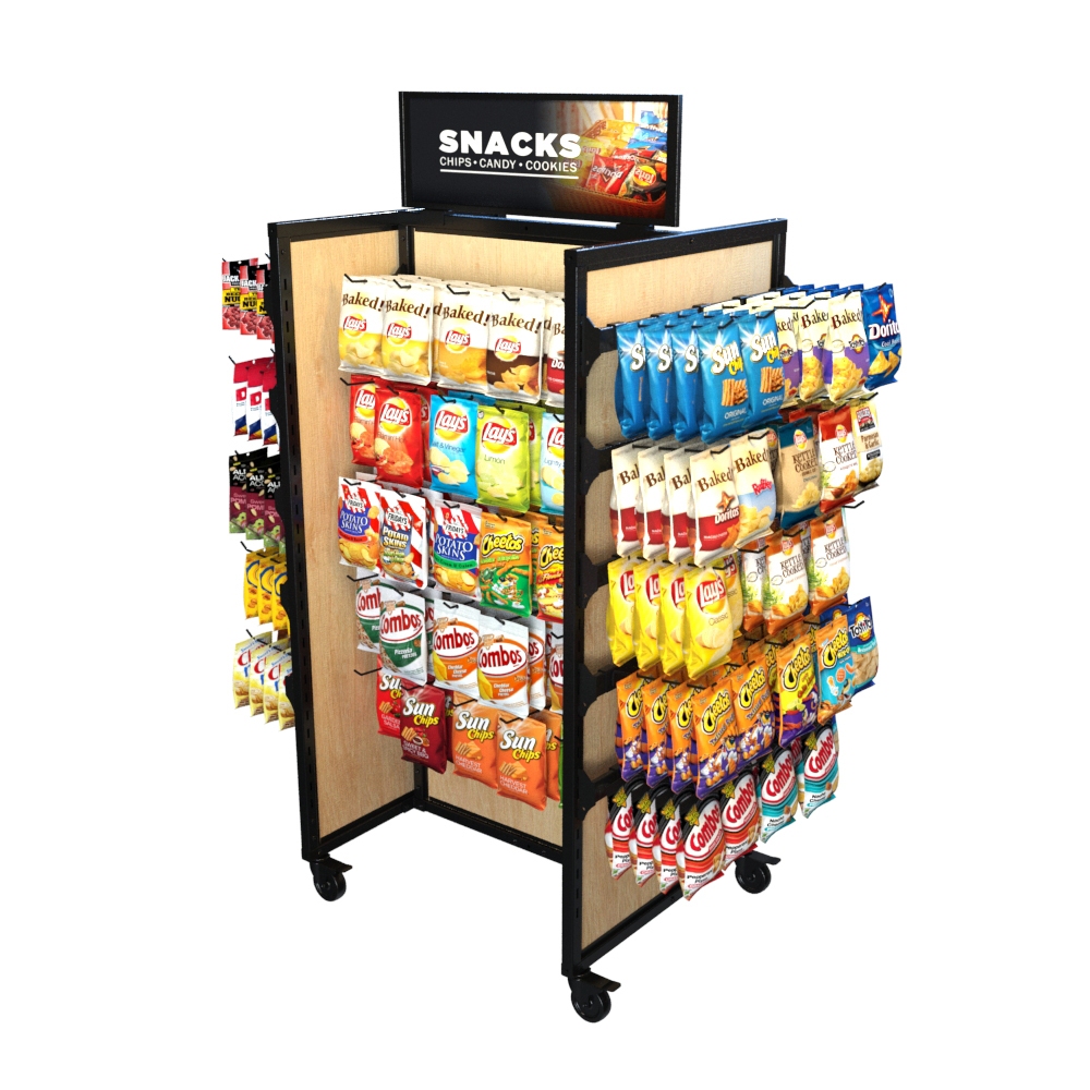 Wood Rolling Gondola Display fully stocked with snacks, chips, cookies, and packaged goods. The 10 shelves, 10 hangbars, and 50 peghooks maximize product organization and visibility, creating a versatile mobile merchandising solution for convenience stores and grocery retailers.
