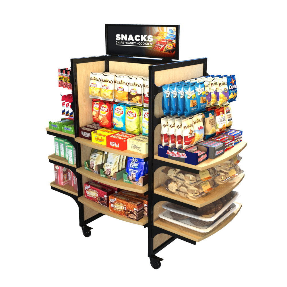 The Wood Rolling Gondola merchandised with chips, candy, and cookies. Ideal for convenience stores, this rolling display combines shelves and peg hooks for flexible snack organization