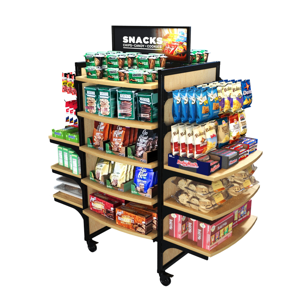 Wood Mobile Display fully stocked with chips, cookies, candy, and packaged snacks. Featuring 16 wood shelves, 4 hangbars, and 20 peghooks, this versatile mobile fixture maximizes product visibility and organization, creating a high-capacity merchandising solution for grocery and c-store aisles.