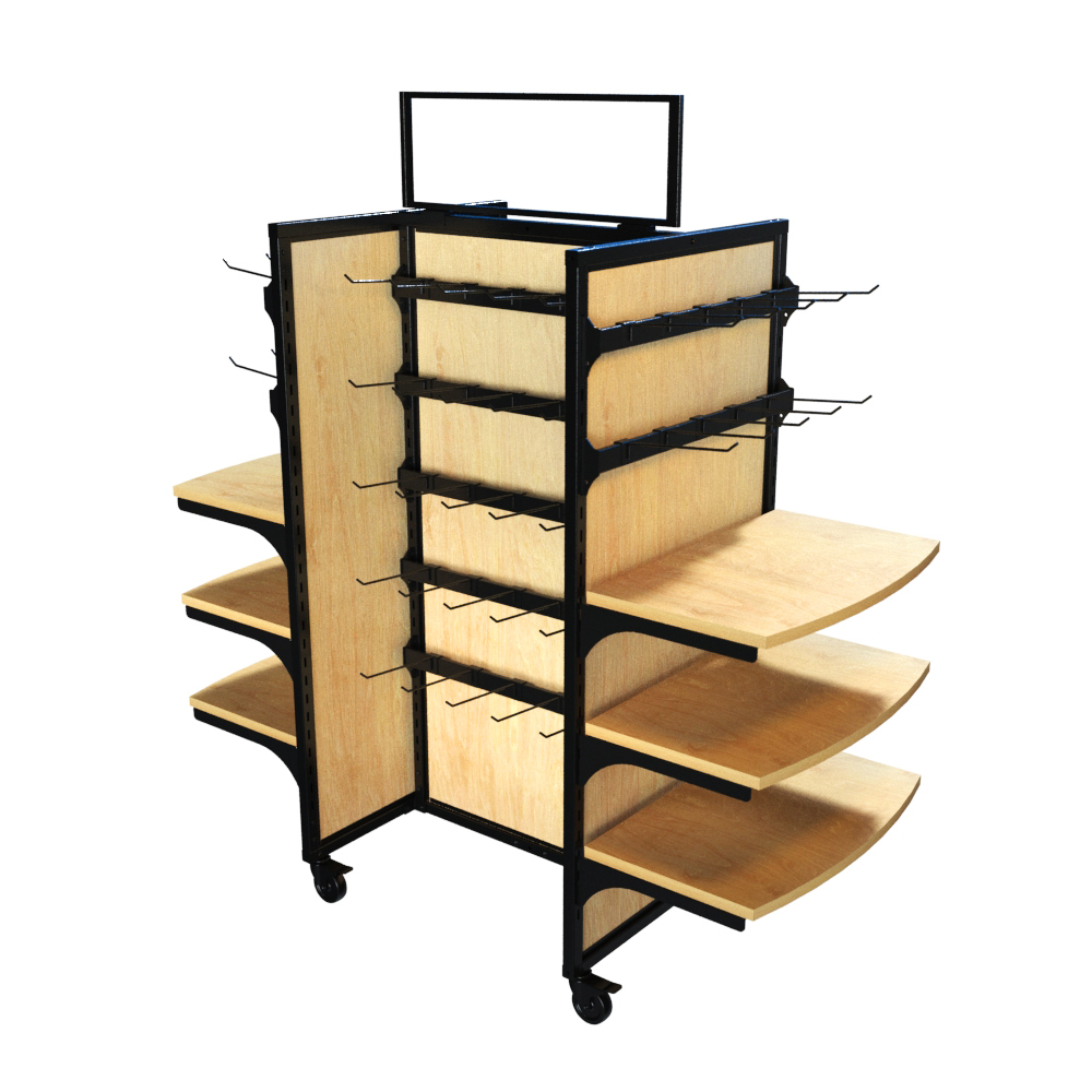 Rackform Wood Mobile Display with 6 natural wood shelves, 14 hangbars, and 70 peghooks. Designed with a durable black steel frame and locking casters, this 59-inch wide by 62-inch tall merchandising rack is perfect for organizing and displaying snacks, candy, and packaged goods in retail and convenience stores.