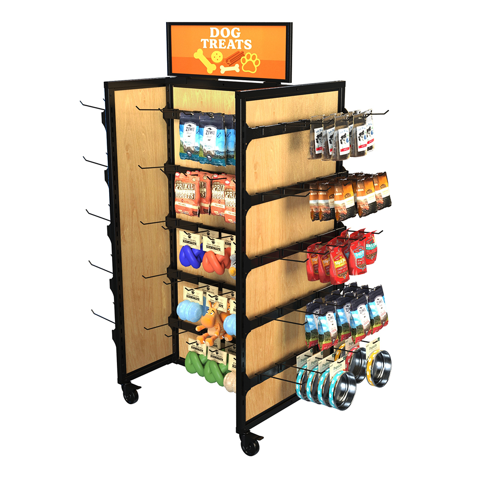 Mobile Gondola Merchandising Display with wood panels and black steel frame, stocked with dog treats, toys, and pet accessories. Measuring 48 inches wide by 62 inches tall, this rolling display fixture includes 20 hangbars and 100 peghooks, making it ideal for merchandising packaged pet food, chew toys, and bowls in pet shops and specialty retail stores.