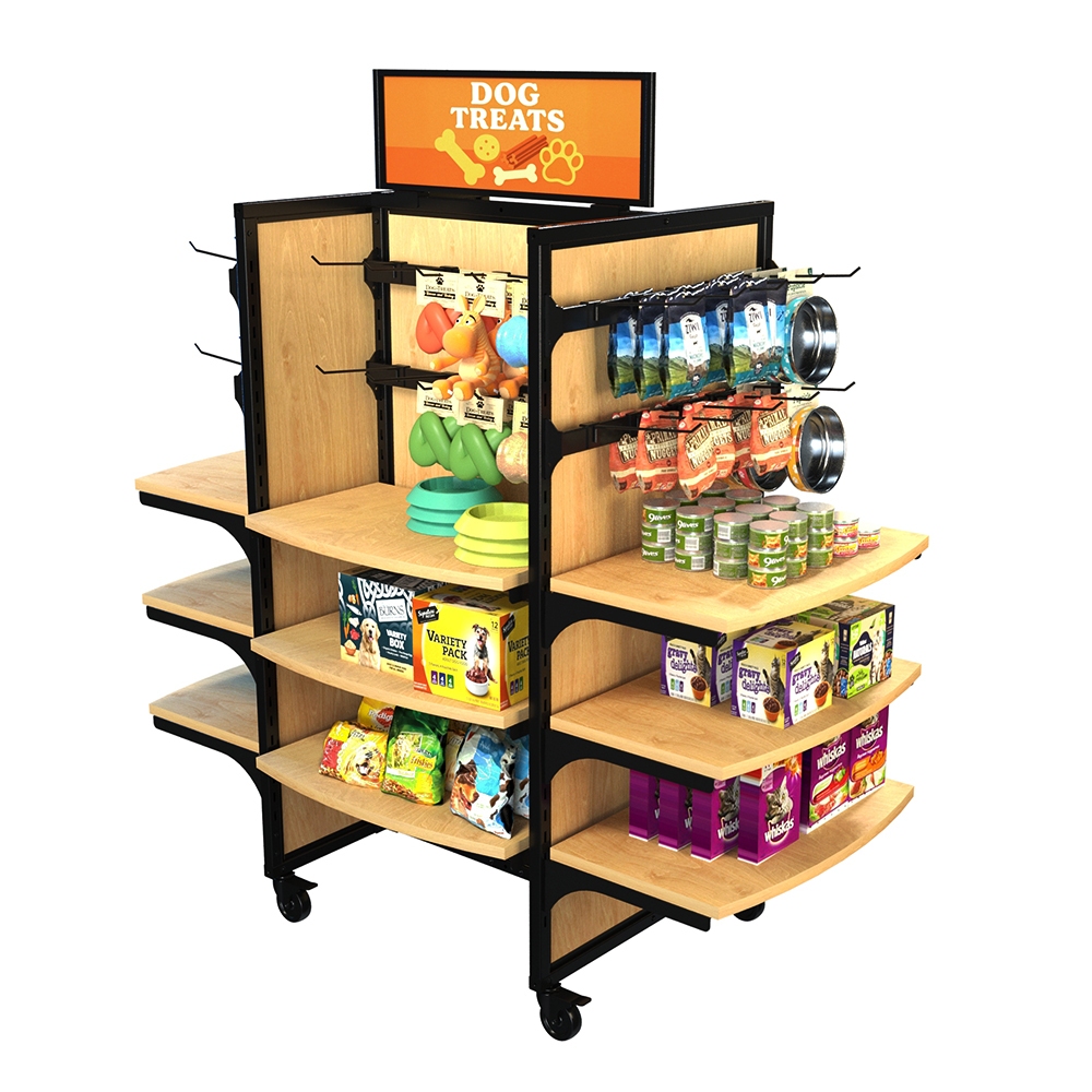Complete view of the Wood Rolling Gondola in use as a pet display. Features 12 shelves, 8 hangbars, and peg hooks for maximum product variety and visibility.