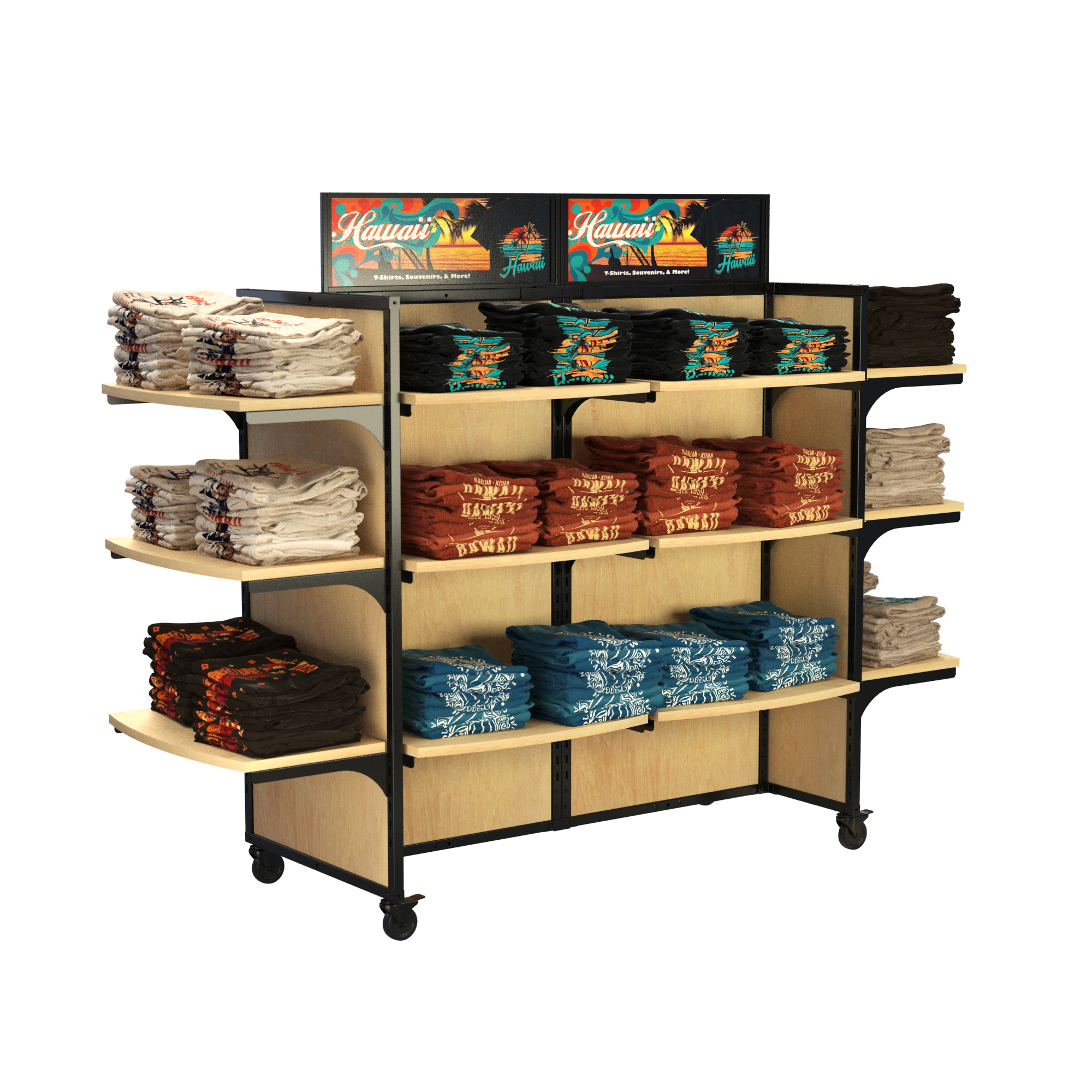 Silver Rackform Apparel Display with 18 wood shelves stocked with neatly folded graphic t-shirts in assorted colors. Measuring 84 inches wide and 62 inches tall, the display features dual branded “Hawaii” signage on top and a black powder-coated frame with natural woodgrain panels, ideal for high-volume apparel merchandising in retail environments.