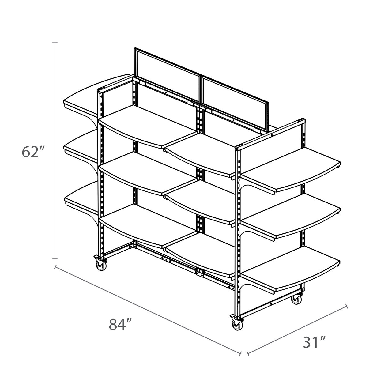 Technical line drawing of the Silver Rackform Apparel Display featuring 18 curved wood shelves across three bays, measuring 84 inches wide, 62 inches tall, and 31 inches deep. Mobile fixture includes dual top-mounted sign holders and heavy-duty casters, ideal for folded apparel and bulk merchandise in retail environments.