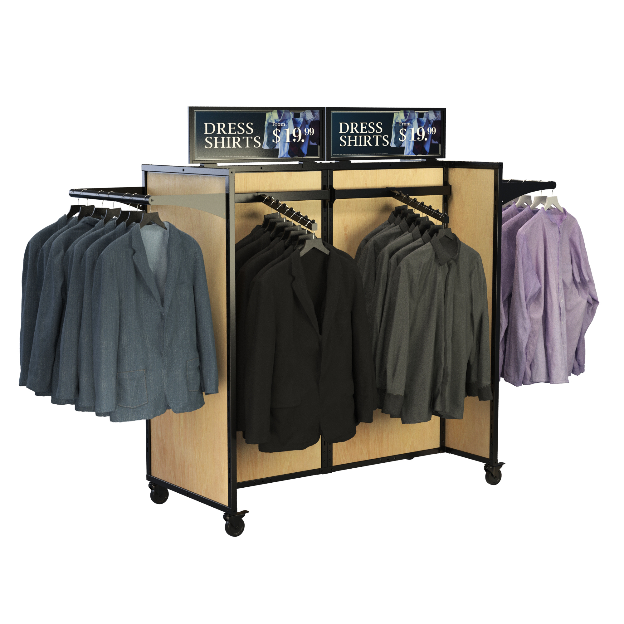 Silver Rackform Apparel Display fixture with natural wood back panels and a black metal frame, shown fully stocked with hanging men’s dress shirts and blazers in assorted colors including black, grey, blue, and lavender. The unit features two central hangbars and two side-facing hangbars for maximum garment visibility. Mounted signage at the top reads 'Dress Shirts from $19.99.' The display is set on locking caster wheels for mobility.