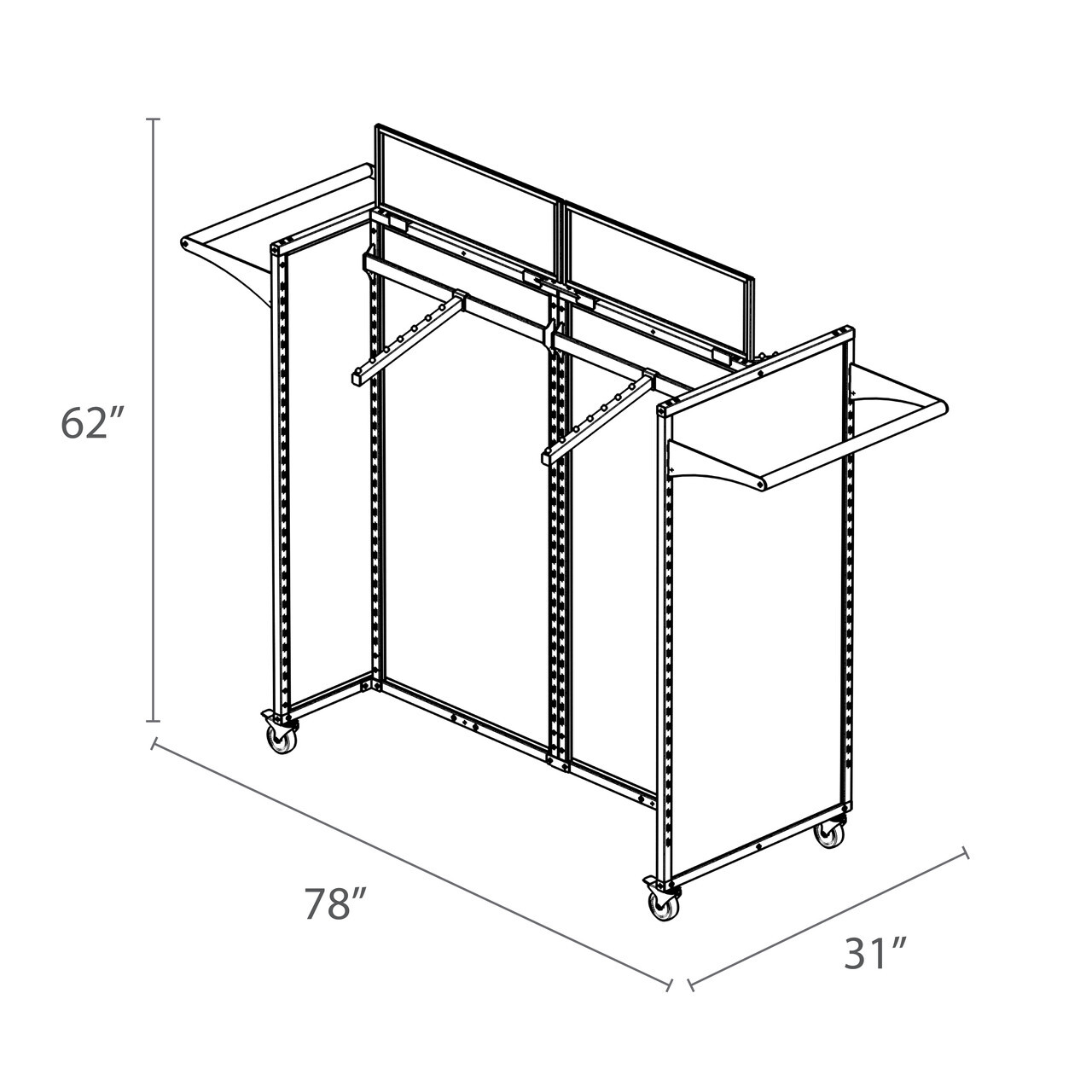 Black and white line drawing of a Silver Rackform Apparel Display fixture on casters, featuring two central upright frames with six angled hangbars and two sets of side shelving units. Each side has four curved rectangular shelves. The unit measures 84 inches wide, 62 inches tall, and 31 inches deep.