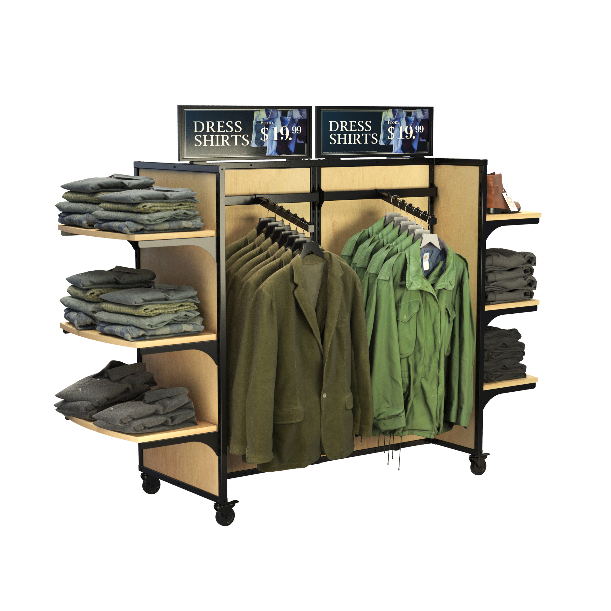 Retail apparel display fixture with black frame and wood panel backing