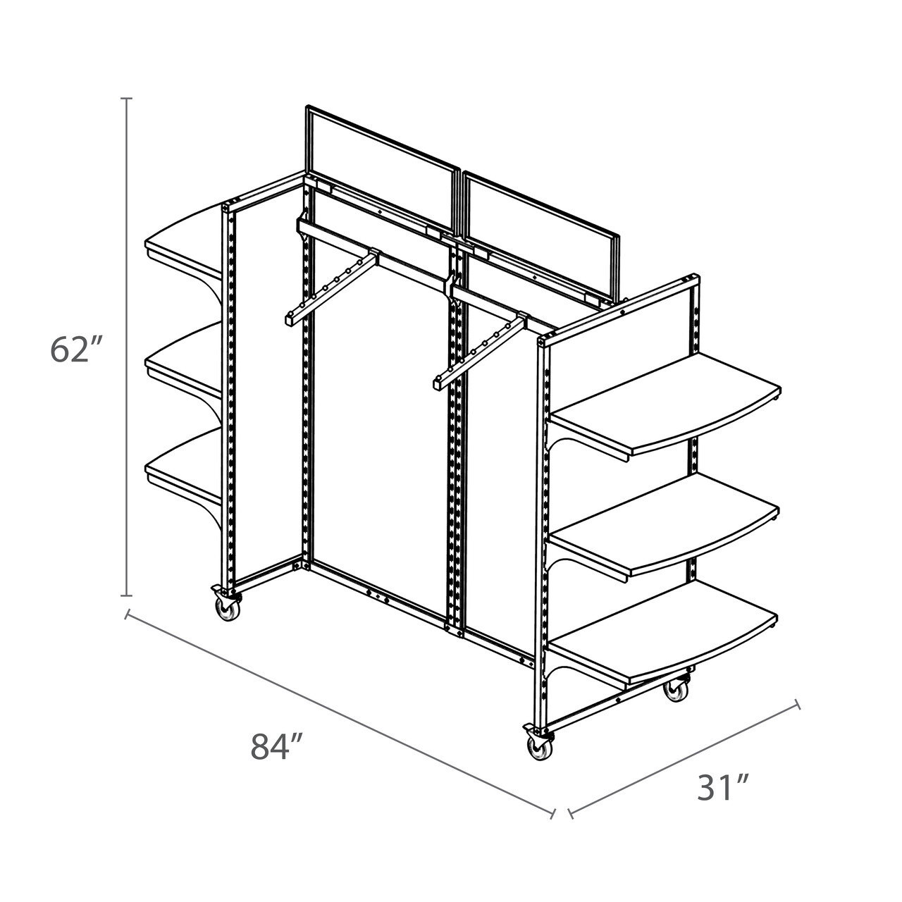 Technical line drawing of a silver Rackform apparel display fixture with 10 shelves and hangbars