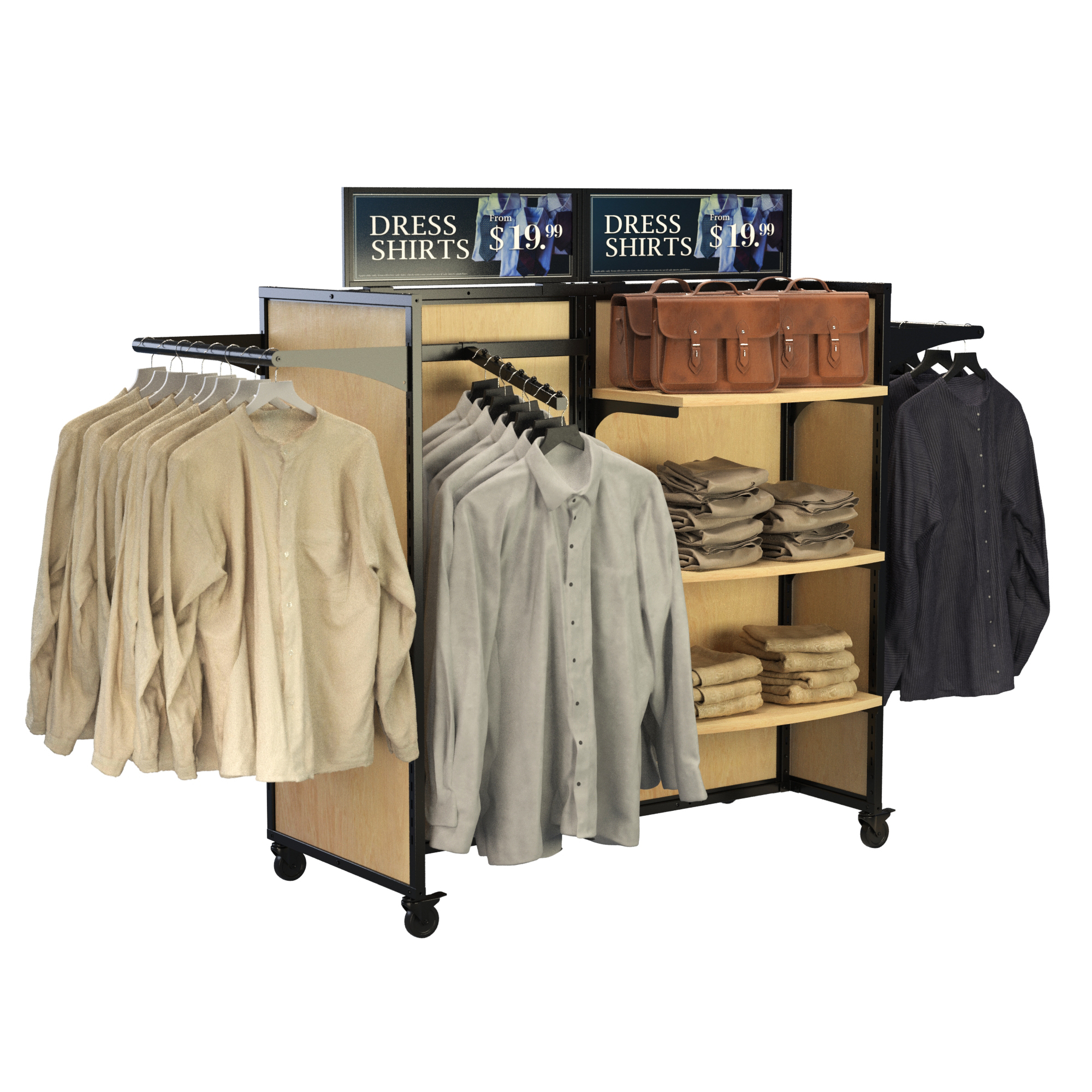 Labeled image of the Silver Rackform Apparel Display highlighting key features including 24-inch wood shelves, magnetic sign holders for custom branding, accessory crossbars, faceout hangbars, waterfall faceout bars, and peg hook bars in 4", 6", and 8" sizes. Fixture shown in silver metal finish with black option also available, designed for versatile retail merchandising.