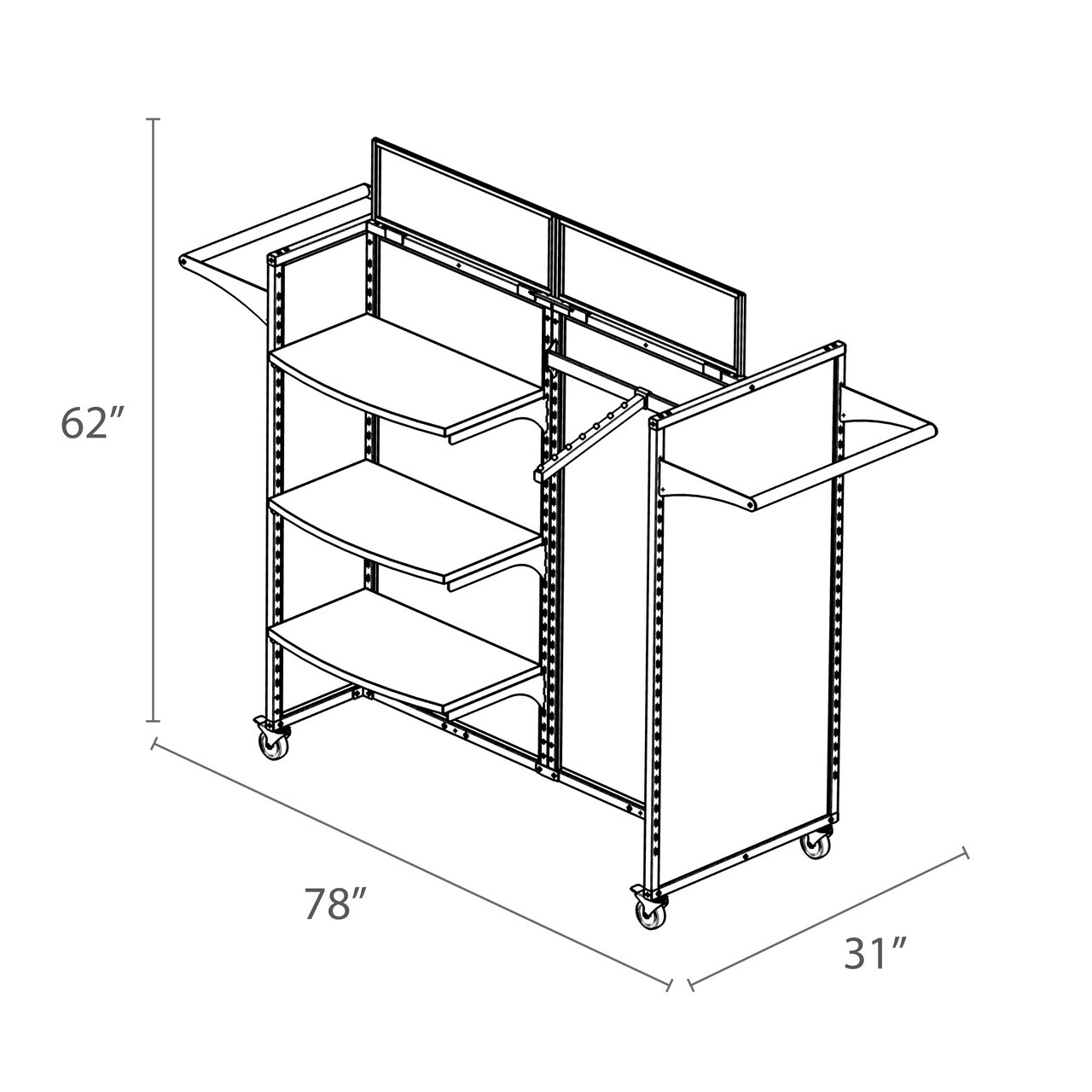 Line drawing of a 78-inch wide Rackform Retail Display Fixture featuring four center shelves, one garment hangbar, and dual side crossbars. The unit stands 62 inches tall and 31 inches deep, with rolling casters and top-mounted sign holders—ideal for hybrid merchandising of apparel and folded items.