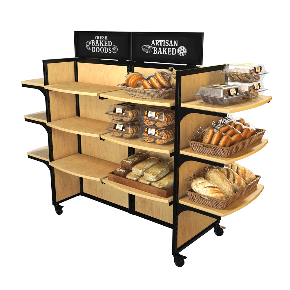 Modern birch bakery display rack with black metal frame, featuring 18 curved wooden shelves and four caster wheels for mobility. The freestanding retail display is stocked with artisan breads, bagels, cookies, and pastries, with top signage reading ‘Fresh Baked Goods’ and ‘Artisan Baked.’ Ideal for bakeries, cafes, grocery stores, and convenience stores to showcase fresh baked products.