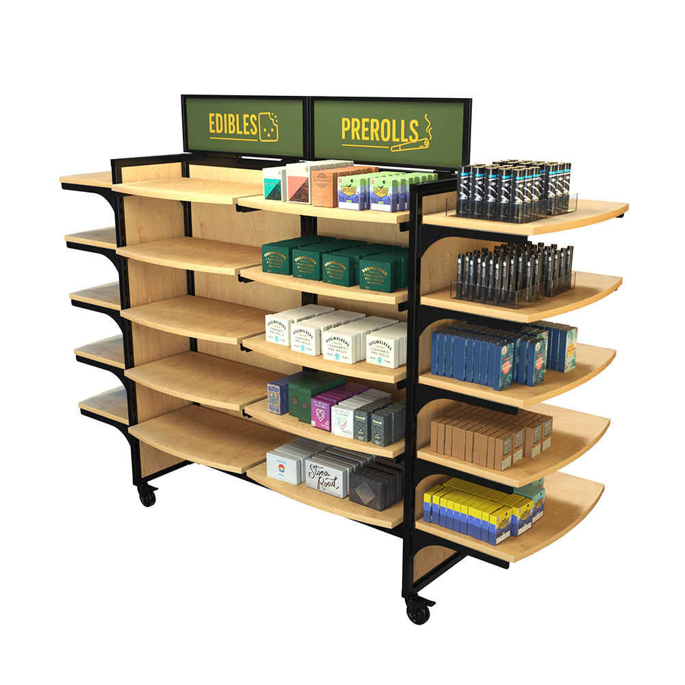 Versatile retail display rack with 30 black and wood shelves, shown fully stocked with edibles and prerolls. The 84-inch wide by 62-inch high fixture features sturdy metal framing, natural wood shelving, and top signage panels labeled ‘Edibles’ and ‘Prerolls.’ Mounted on caster wheels for mobility, this merchandising unit is designed for dispensaries, smoke shops, and convenience stores, providing organized product presentation and modern style.