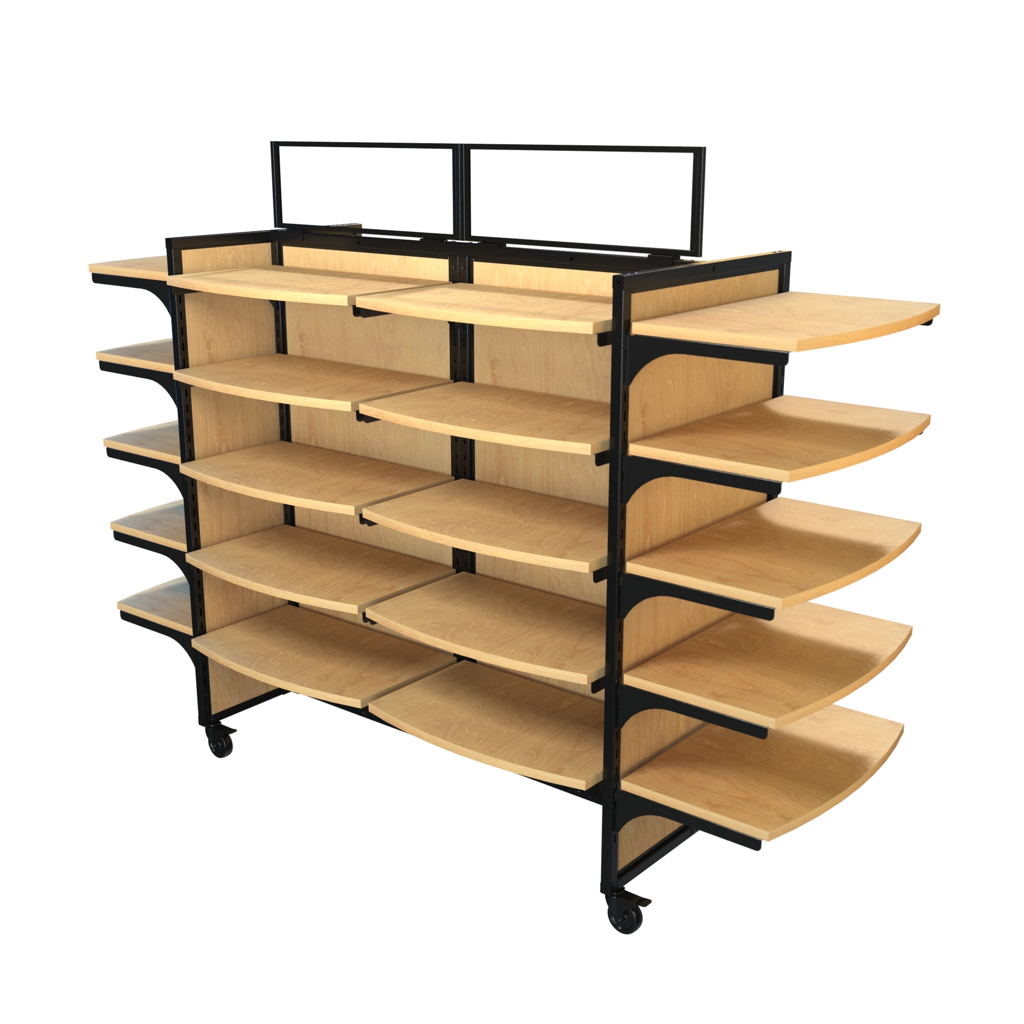 Retail display fixture with black metal frame and natural wood shelves, measuring 84 inches wide and 62 inches high. The unit features 30 adjustable shelving spaces, smooth curved shelf fronts, and caster wheels for easy mobility. Designed for dispensaries, convenience stores, and smoke shops, this versatile gondola-style display provides a modern merchandising solution with a clean, minimalist look.