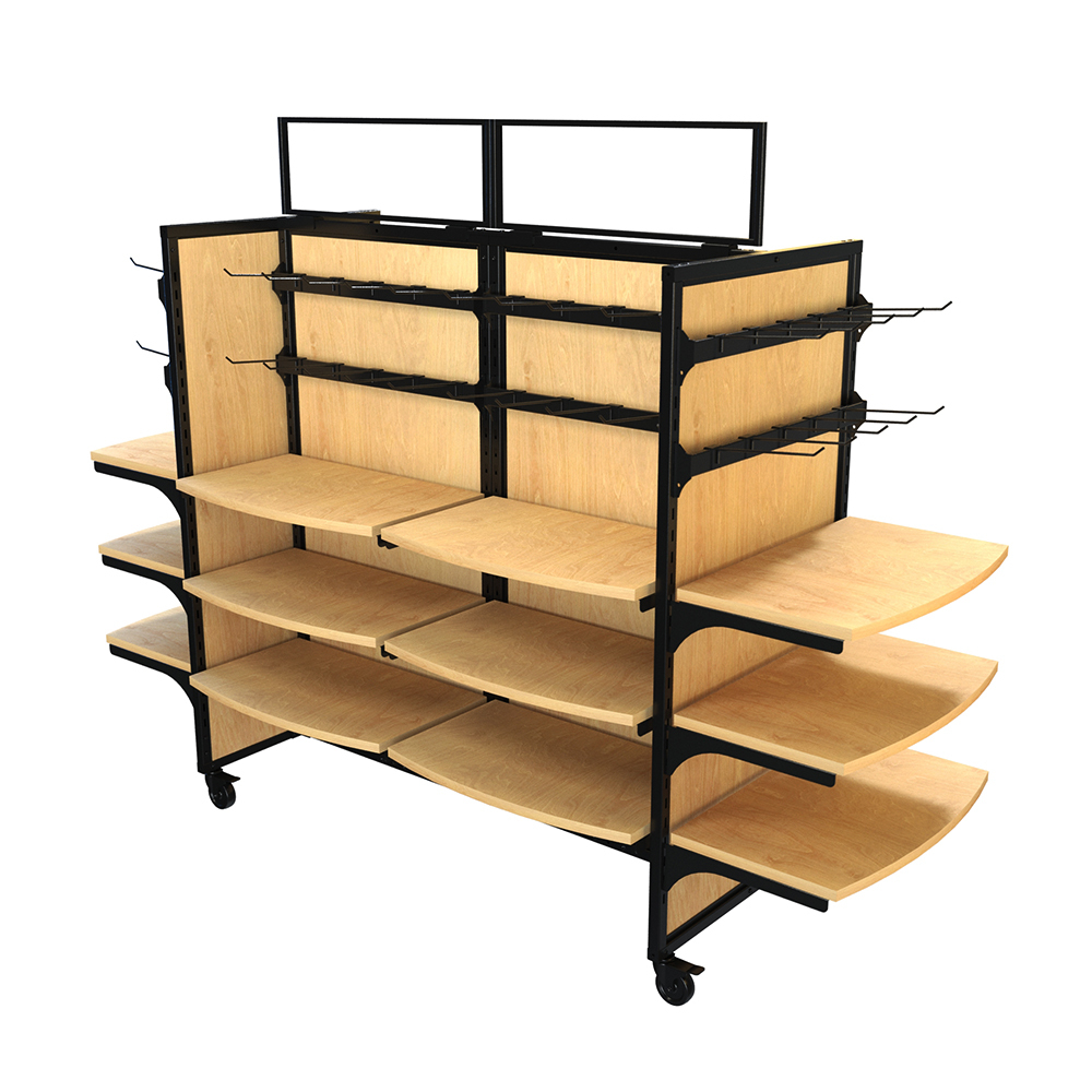 Wood Rolling Gondola display fixture merchandised with packaged snacks including chips, candy, cookies, and baked goods. The mobile retail gondola features multiple wood shelves and side racks, with a bold ‘Snacks’ header sign for convenience store merchandising. Ideal for c-stores, grocery aisles, and grab-and-go retail layouts.