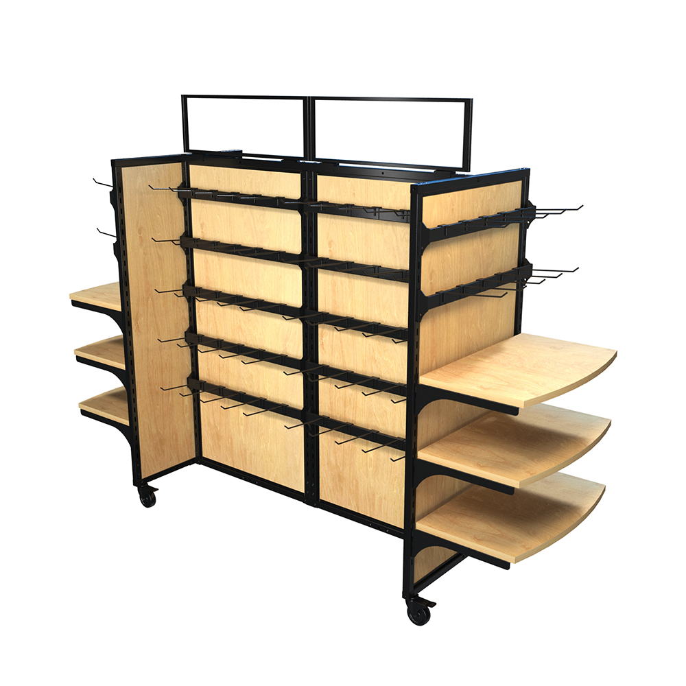 Rackform Wood Mobile Display with black steel frame and natural wood panels, featuring six curved wooden shelves, 24 hangbars, and 120 peghooks. Heavy-duty rolling casters provide mobility, making this retail display perfect for convenience stores, grocery aisles, or snack merchandising.