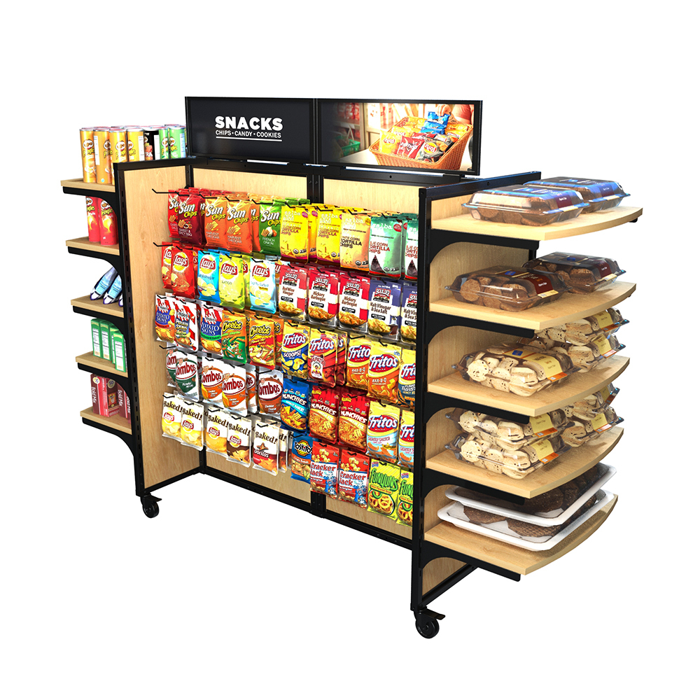 Wood rolling gondola snack display with 10 wood shelves, 20 hangbars, and 100 peghooks, stocked with chips, cookies, and packaged snacks. This 84-inch wide by 62-inch high by 25-inch deep mobile gondola shelving unit features a black metal frame, wood finish panels, and a top snack sign, ideal for convenience stores, grocery aisles, and retail snack merchandising.