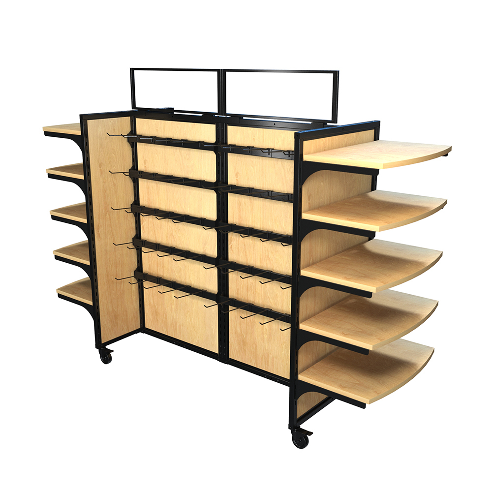 Wood rolling gondola shelving unit with 10 curved wood shelves, 20 hangbars, and 100 peghooks. This 84-inch wide by 62-inch high by 25-inch deep mobile retail display fixture features a black metal frame, natural wood panels, and locking casters for easy mobility, making it ideal for convenience stores, snack displays, and merchandising flexibility.