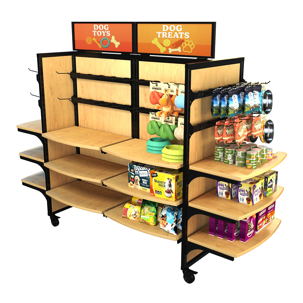 Wood Rolling Gondola retail display configured for pet stores, featuring dog toys, treats, bowls, and canned food. The unit includes wood shelving, peghooks, and hangbars with colorful ‘Dog Toys’ and ‘Dog Treats’ signage. Perfect for showcasing pet products in specialty shops, boutiques, and retail chains.