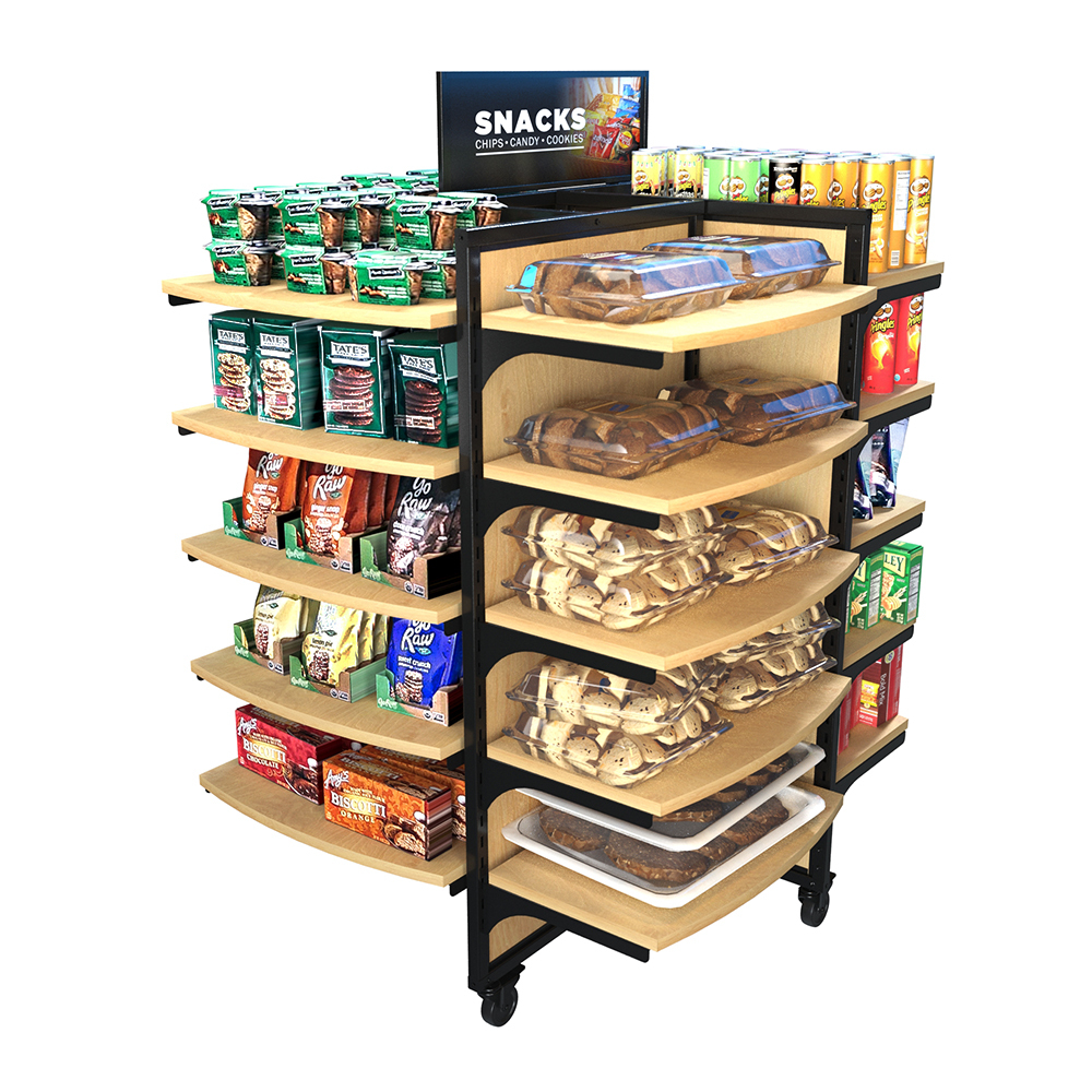 Rackform Rolling Gondola Merchandiser fully stocked with cookies, chips, crackers, and packaged baked goods. With 20 wood shelves, this mobile fixture maximizes product visibility and provides an efficient, high-capacity merchandising solution for retail aisles and convenience stores.