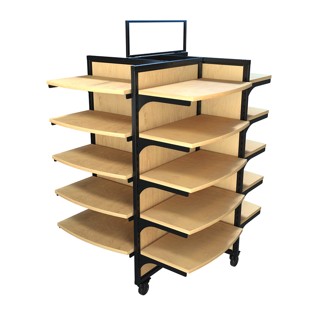 Rackform Rolling Gondola Merchandiser with 20 wood shelves and a sturdy black frame. At 44 inches wide by 62 inches tall, this mobile fixture is ideal for high-capacity merchandising of snacks, packaged foods, and impulse items in convenience stores.