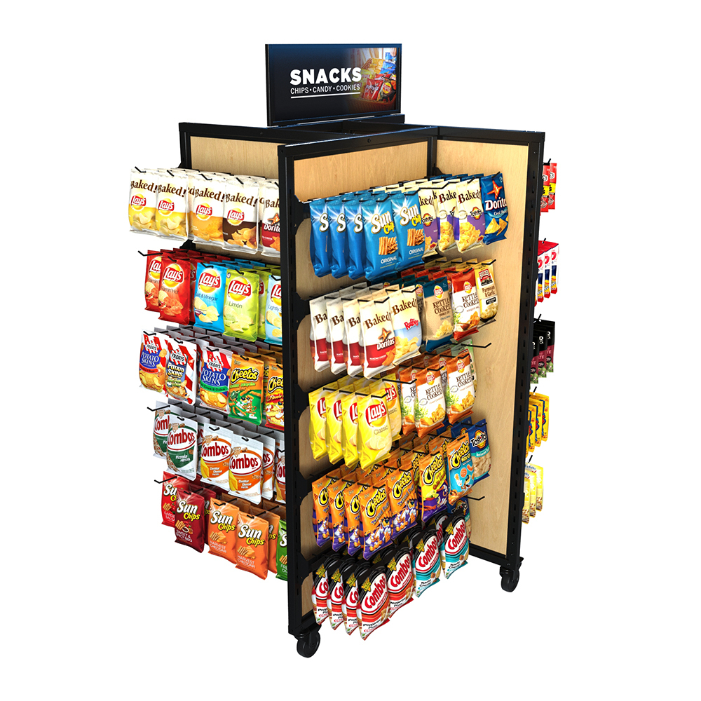 Mobile Gondola Merchandising Display fully stocked with chips, candy, cookies, and packaged snacks. Featuring 20 hangbars and 100 peghooks, this rolling display maximizes vertical space for organized, high-visibility merchandising in convenience stores and supermarkets.