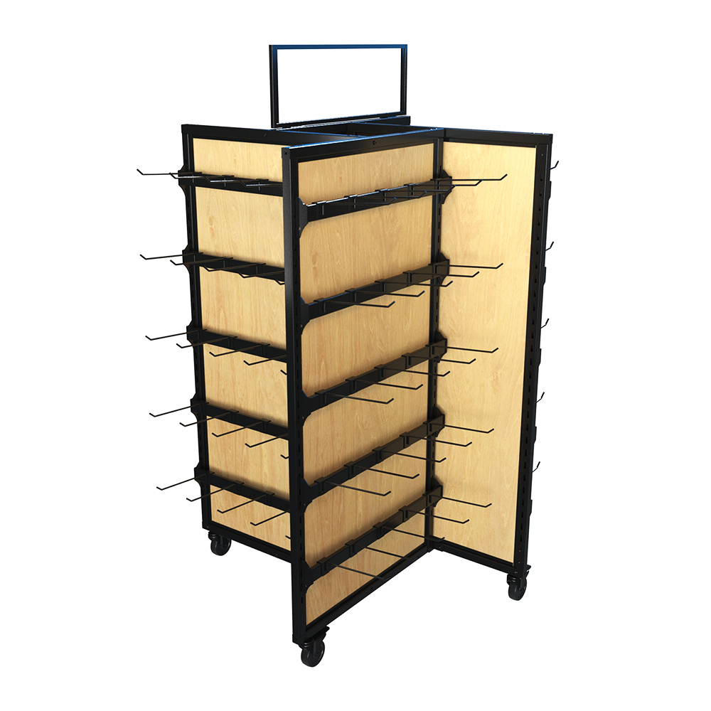 Mobile Gondola Merchandising Display with wood panels, black steel frame, 20 hangbars, and 100 peghooks. Compact at 38 inches wide by 62 inches tall, this rolling fixture is designed for high-capacity snack, candy, and small packaged goods merchandising in convenience and grocery stores.