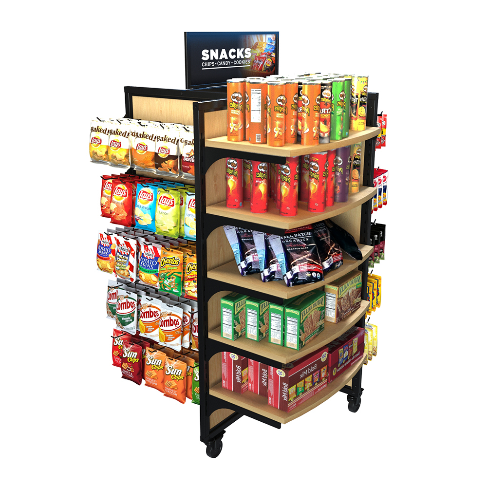 Black & Wood Island Display fully stocked with chips, cookies, candy, and packaged snacks. With 10 wood shelves, 10 hangbars, and 50 peghooks, this rolling gondola provides a compact yet high-capacity merchandising solution, perfect for maximizing snack sales in limited retail space.