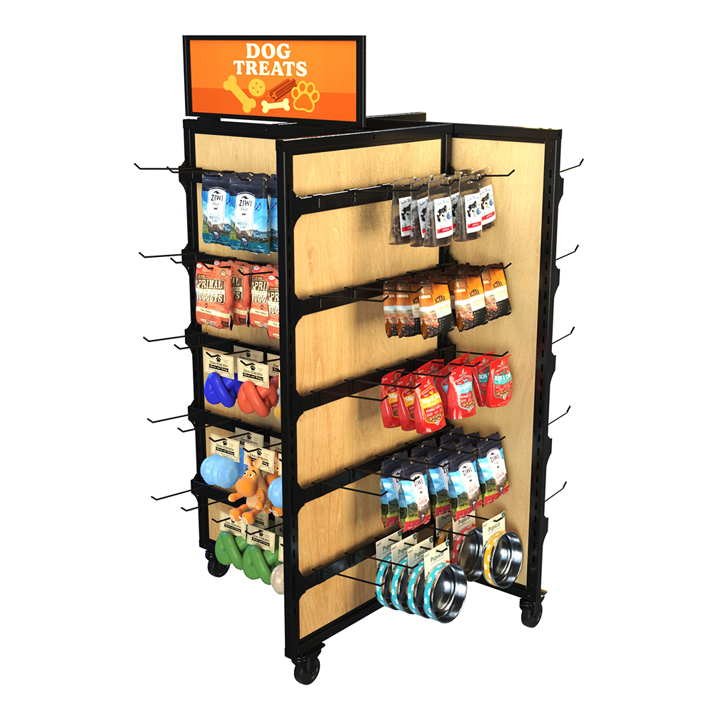 Mobile Gondola Merchandising Display stocked with dog treats, chew toys, pet food bags, and feeding bowls. Compact at 38 inches wide and 62 inches tall, with 20 hangbars and 100 peghooks, this rolling display fixture is ideal for pet shops and specialty retail stores.