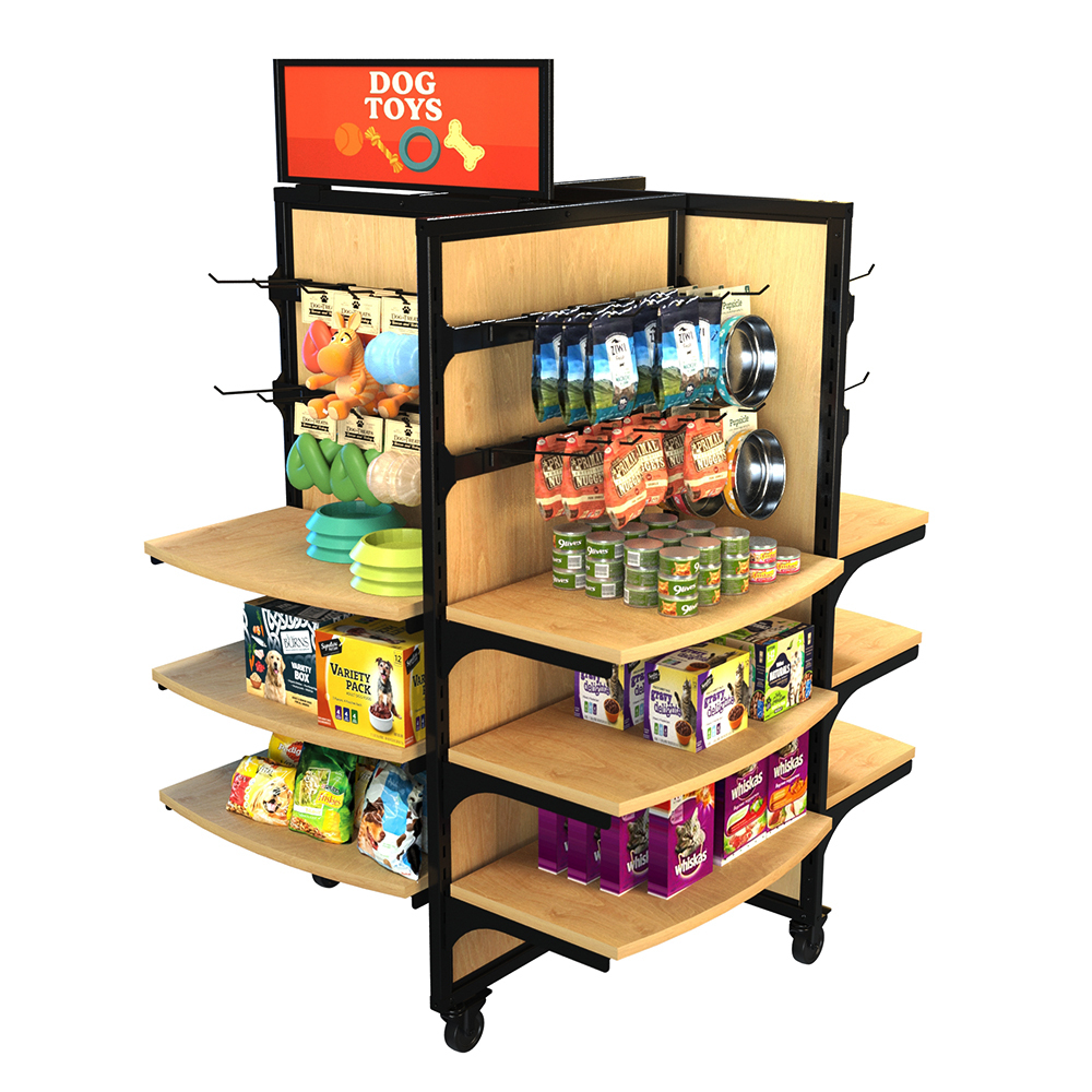 Wood Rolling Gondola display configured for pet stores, featuring dog toys, treats, food bowls, and canned pet food. The gondola uses shelves and peghooks under a bright ‘Dog Toys’ sign, offering flexible merchandising for pet retail environments
