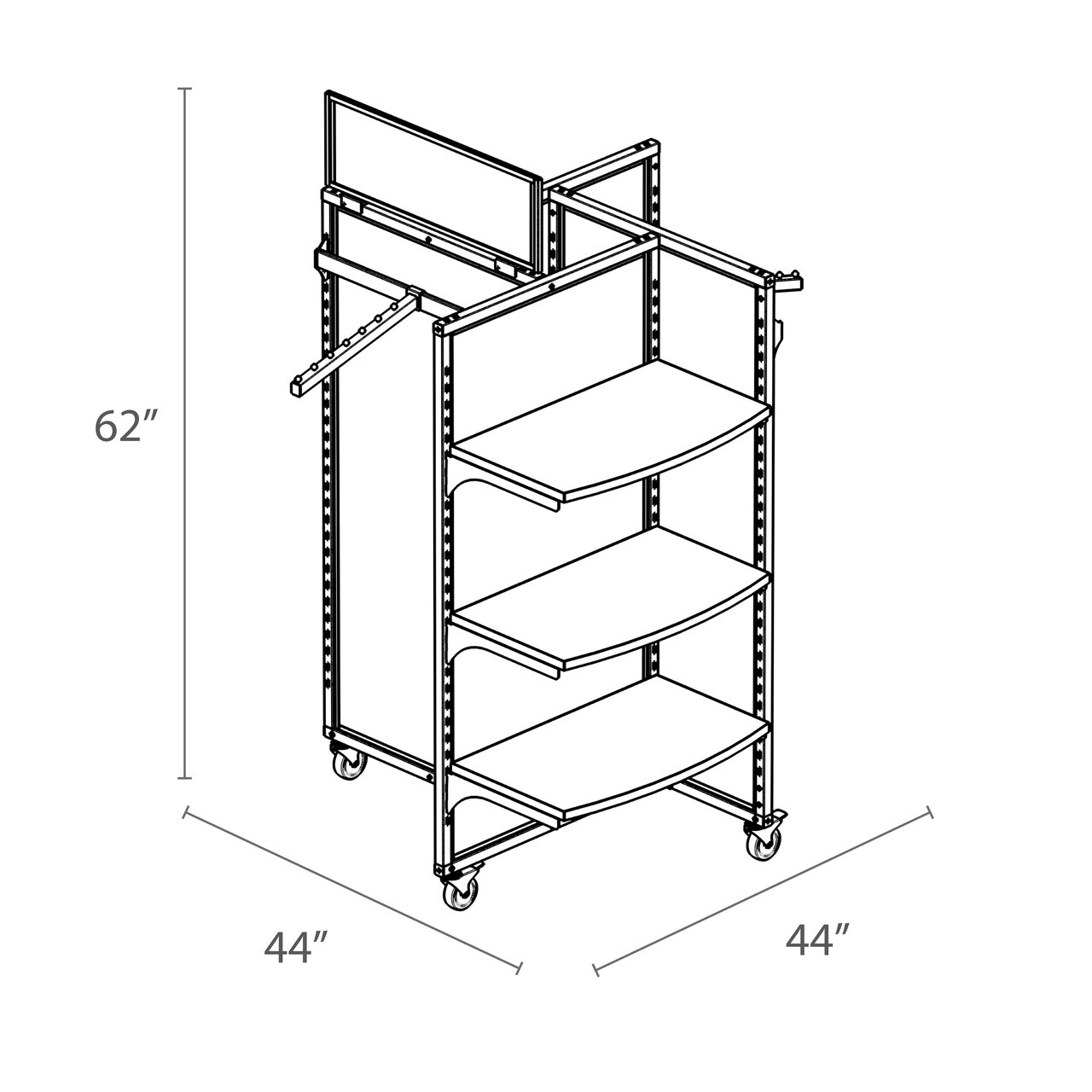 Line drawing of a black Rackform apparel display unit measuring 62 inches high, 44 inches wide, and 39 inches deep. The unit features 8 curved metal shelves arranged on both sides of a central frame with adjustable slots. Two horizontal crossbars extend from the upper sides for hanging garments. The unit is mounted on locking caster wheels for mobility and includes vertical sign frames on top for signage or branding.