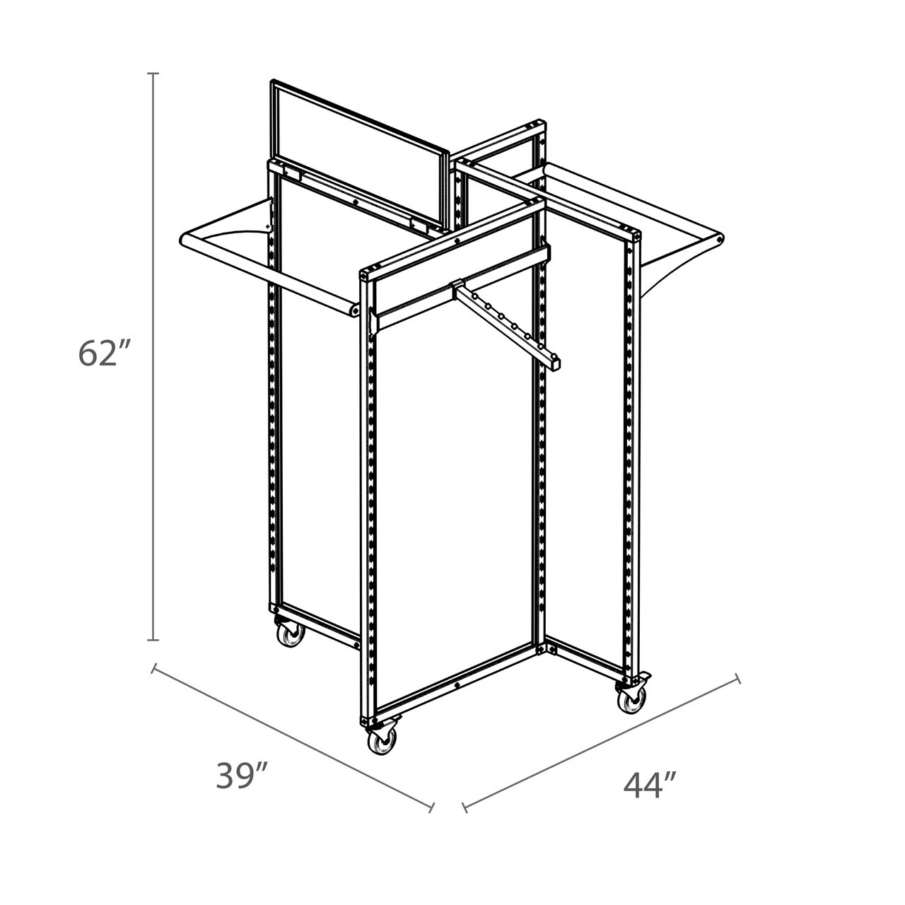 Black metal apparel display rack with 4 crossbars and hangbars, measuring 41 inches wide by 62 inches high. Includes a wheeled rectangular base (39 inches x 44 inches) for mobility and upright slotted frames for flexible merchandising. Ideal for retail garment presentation.