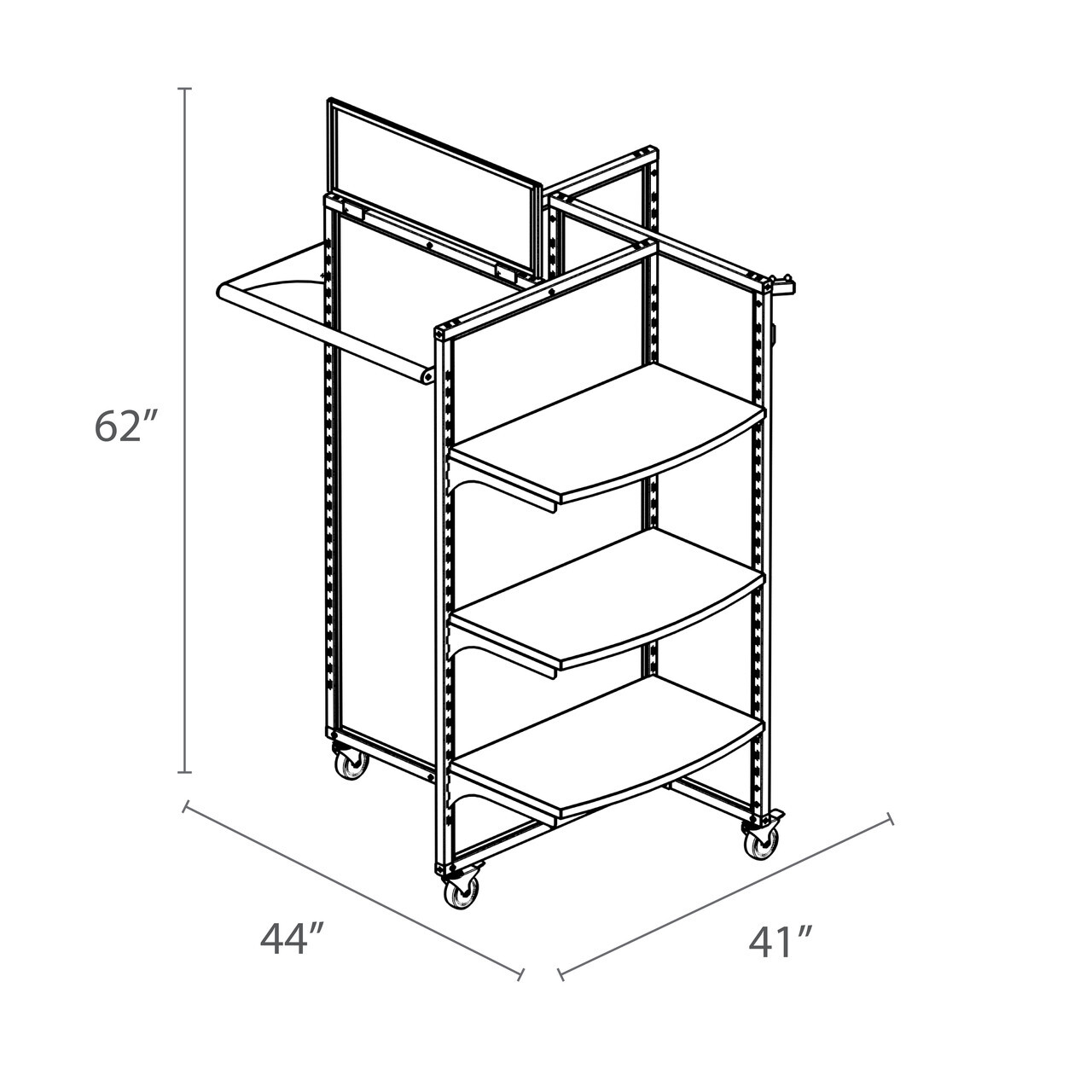 “Black Rackform apparel display fixture with six curved retail shelves, dual hangbars, crossbars for merchandise display, and integrated signage. Mobile unit on casters, measuring 44 inches wide, 41 inches deep, and 62 inches high. Ideal for showcasing clothing and accessories in retail environments.”